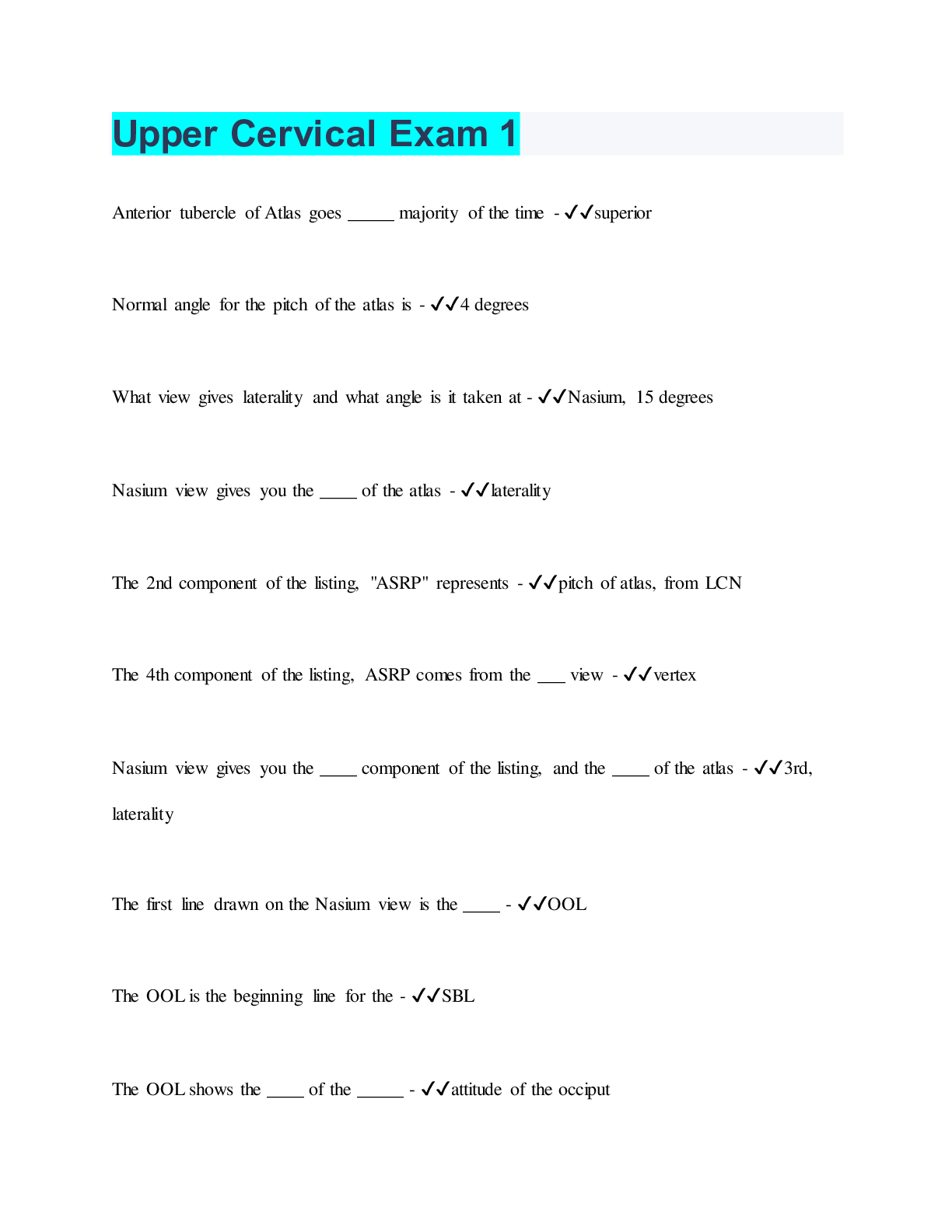 Preview image for Upper Cervical Exam 1  | 73 Questions with 100% Correct Answers | Verified