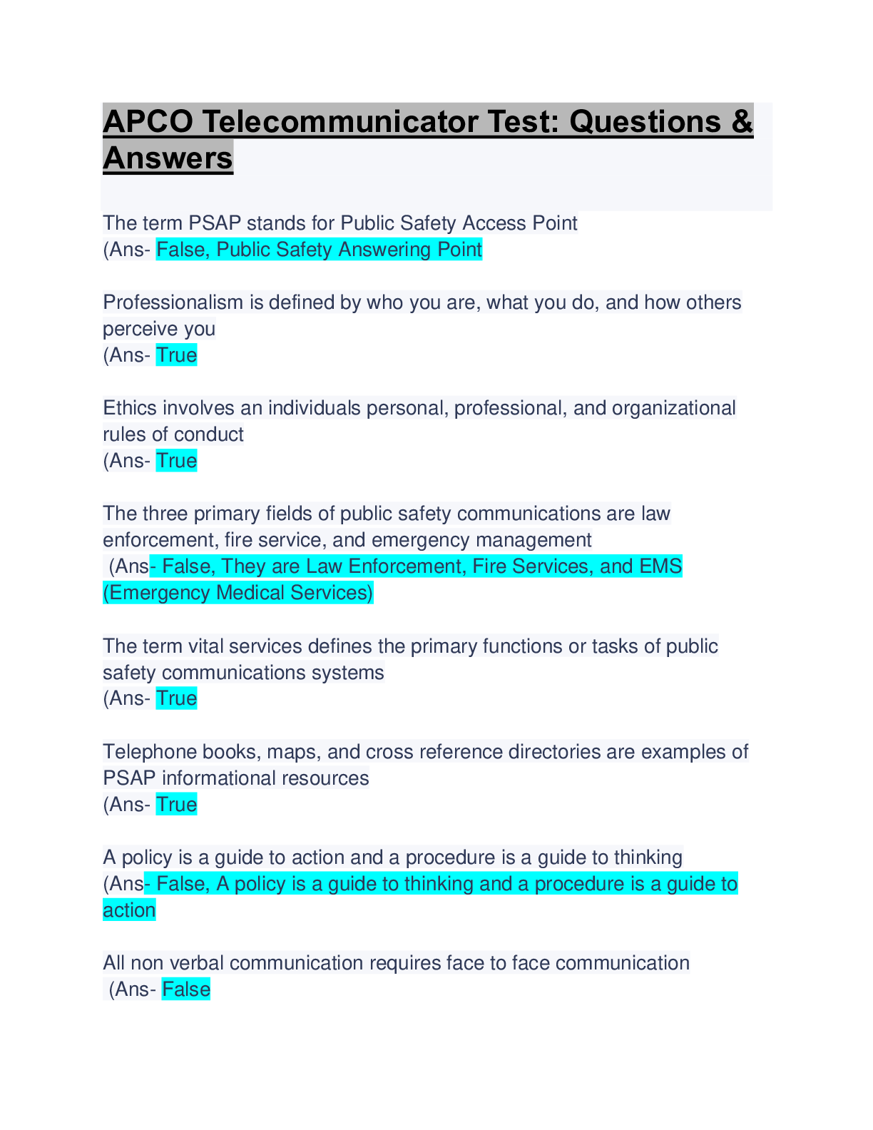 Preview of APCO Telecommunicator Test: Questions &amp; Answers : Latest Updated: 100% Verified