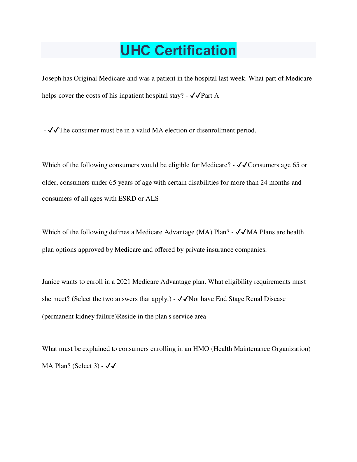 Preview image for UHC Certification  | 41 Questions with 100% Correct Answers | Verified