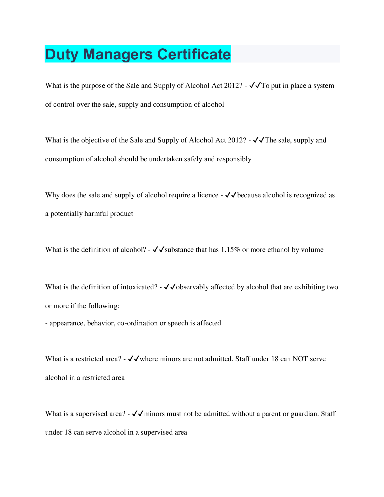 Preview image for Duty Managers Certificate | 73 Questions with 100% Correct Answers | Verified