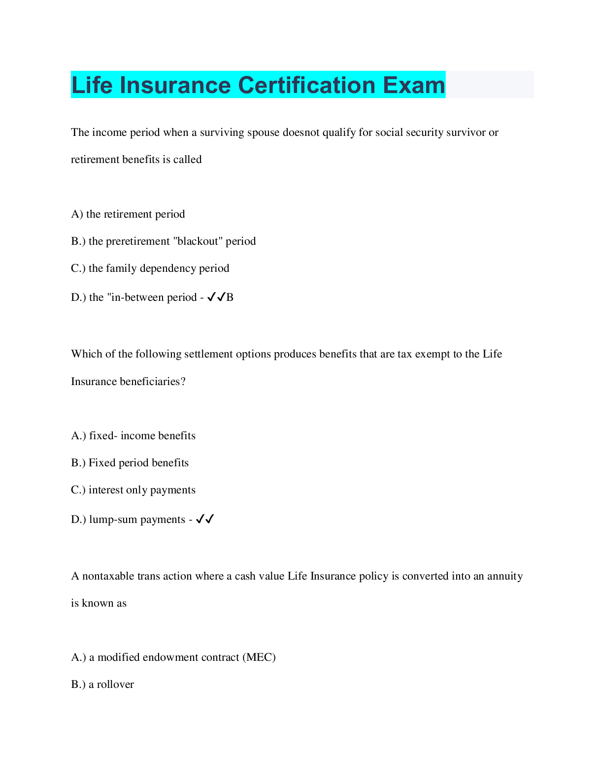 Preview image for Life Insurance Certification Exam | 38 Questions with 100% Correct Answers | Verified
