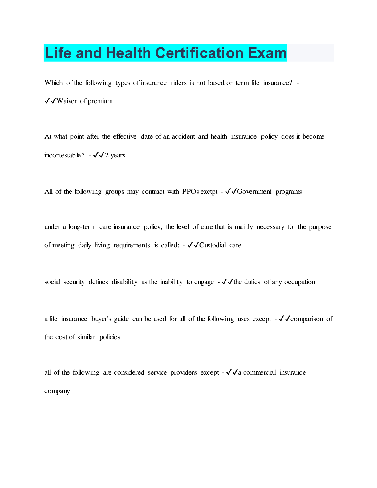 Preview image for Life and Health Certification Exam  | 88 Questions with 100% Correct Answers | Verified