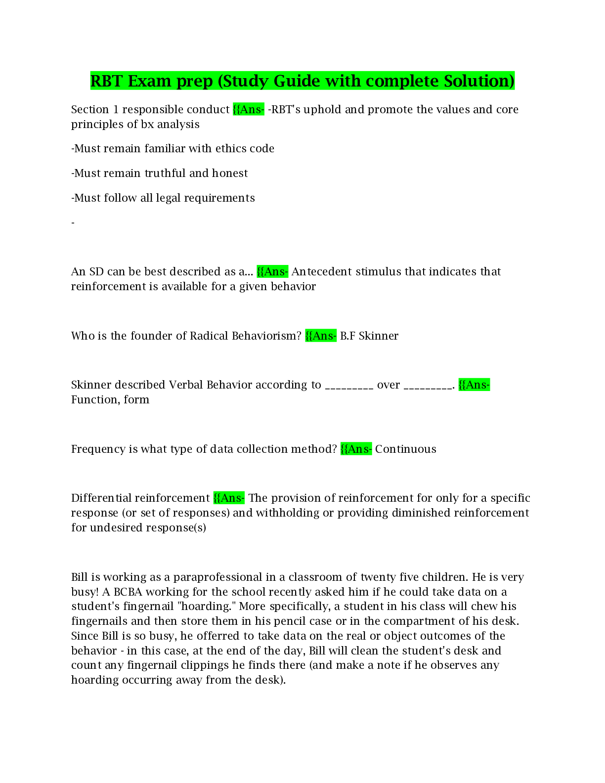 Preview image of RBT Exam prep (Study Guide with complete Solution) document
