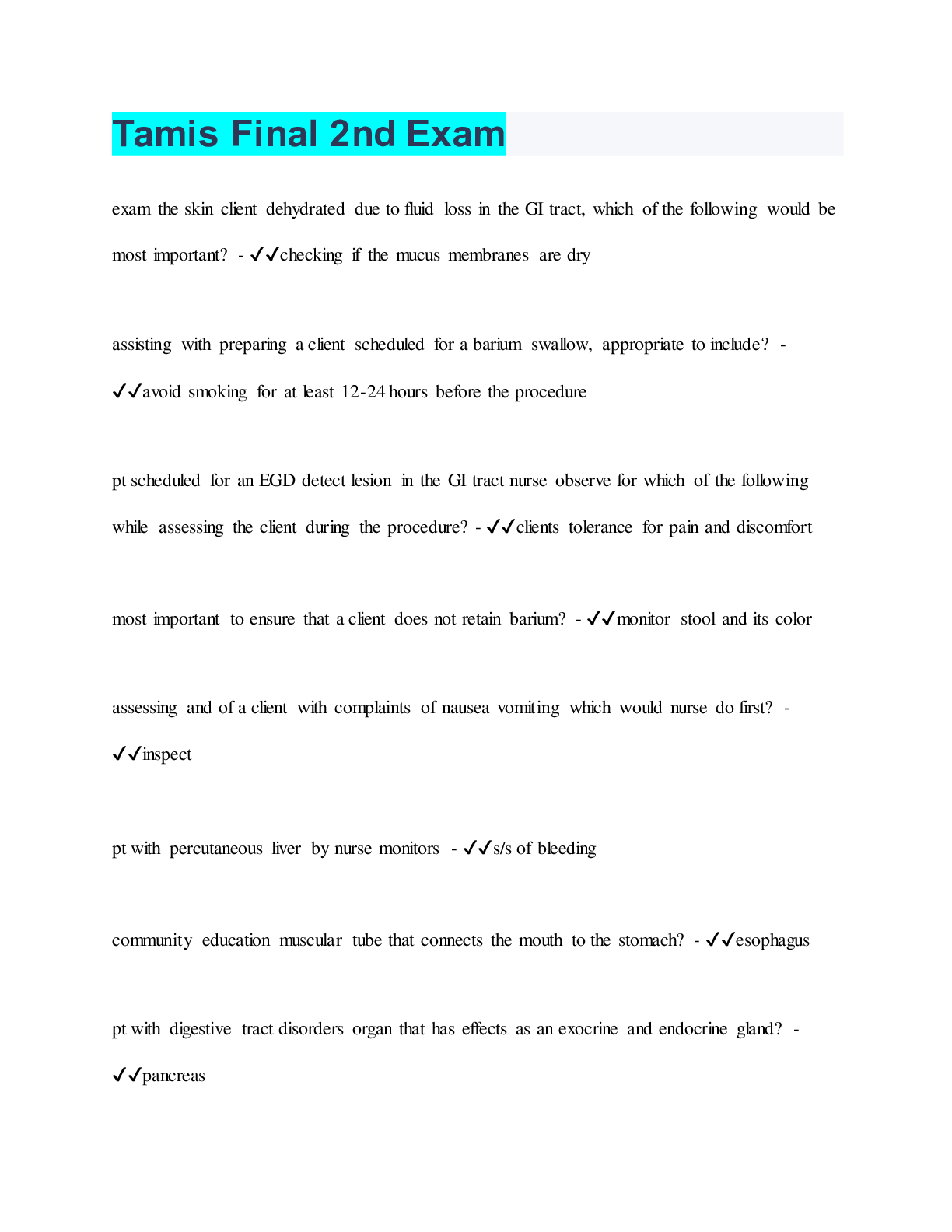 Preview image for Tamis Final 2nd Exam  | Questions with 100% Correct Answers | Verified