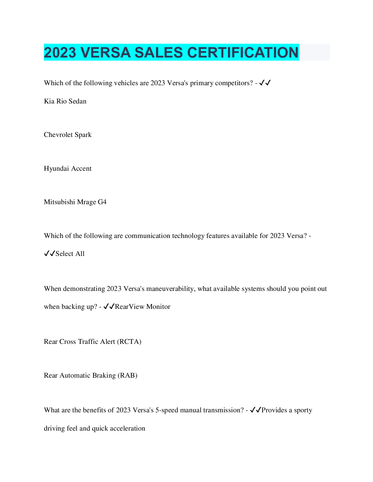 Preview image for 2023 VERSA SALES CERTIFICATION | 35 Questions with 100% Correct Answers | Verified