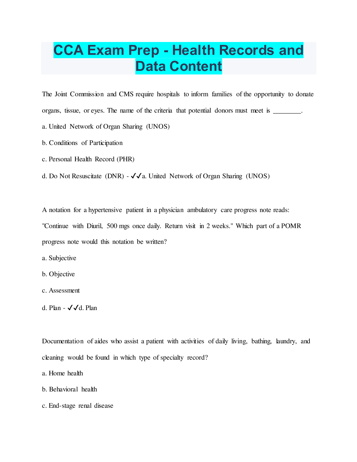 Preview image for CCA Exam Prep - Health Records and Data Content  | 62 Questions with 100% Correct Answers | Verified | 22 Pages