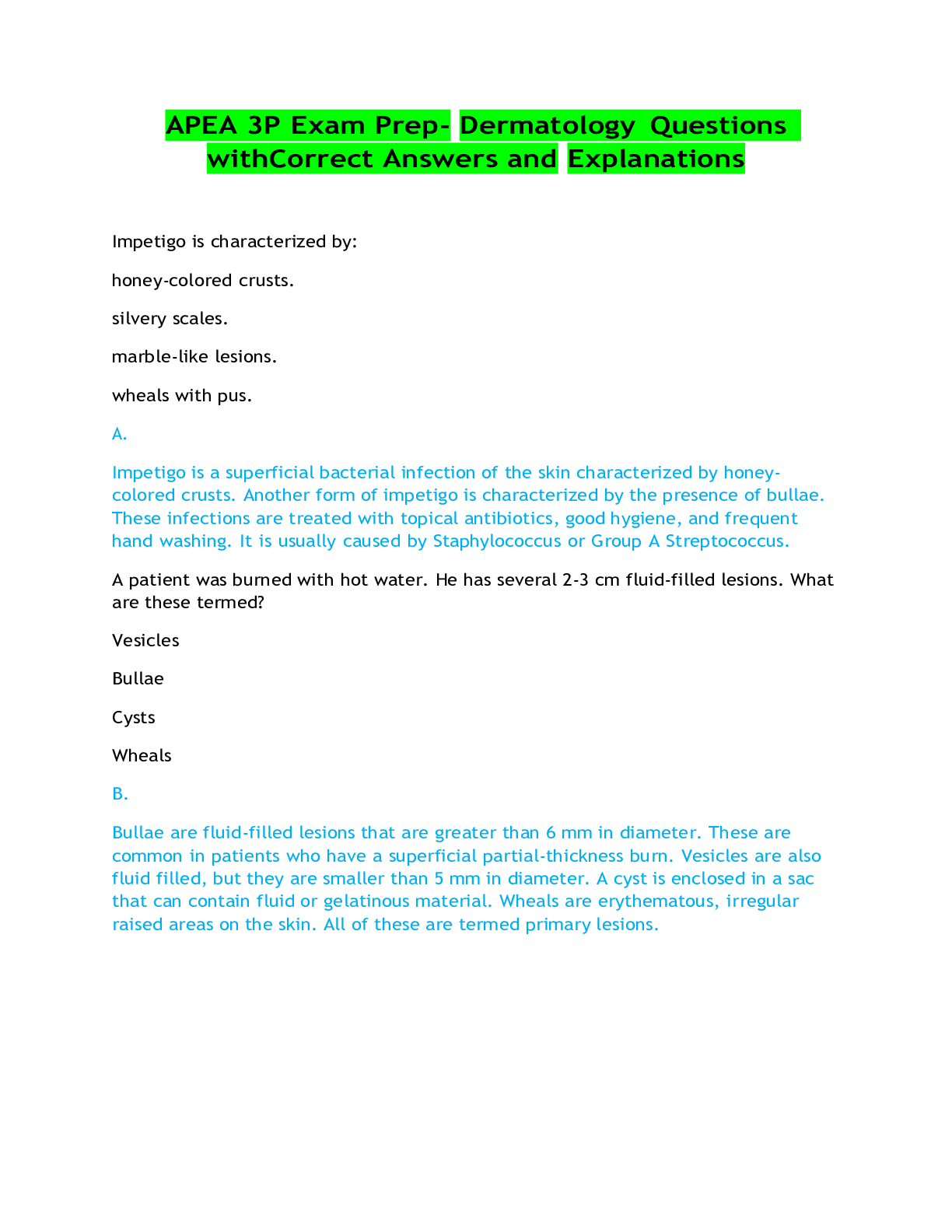 Preview image for APEA 3P Exam Prep- Dermatology Questions with Correct Answers and Explanations