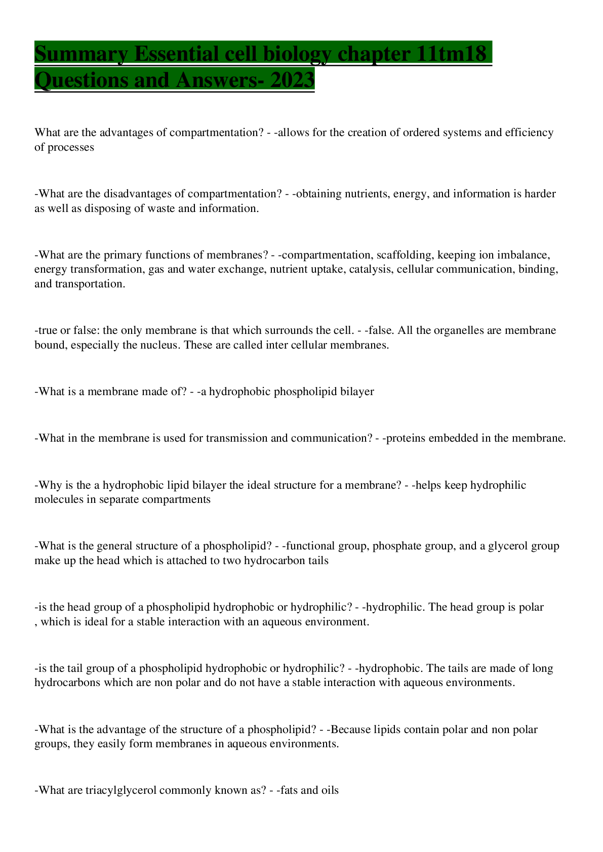 Preview image for Summary Essential cell biology chapter 11tm18 Questions and Answers- 2023