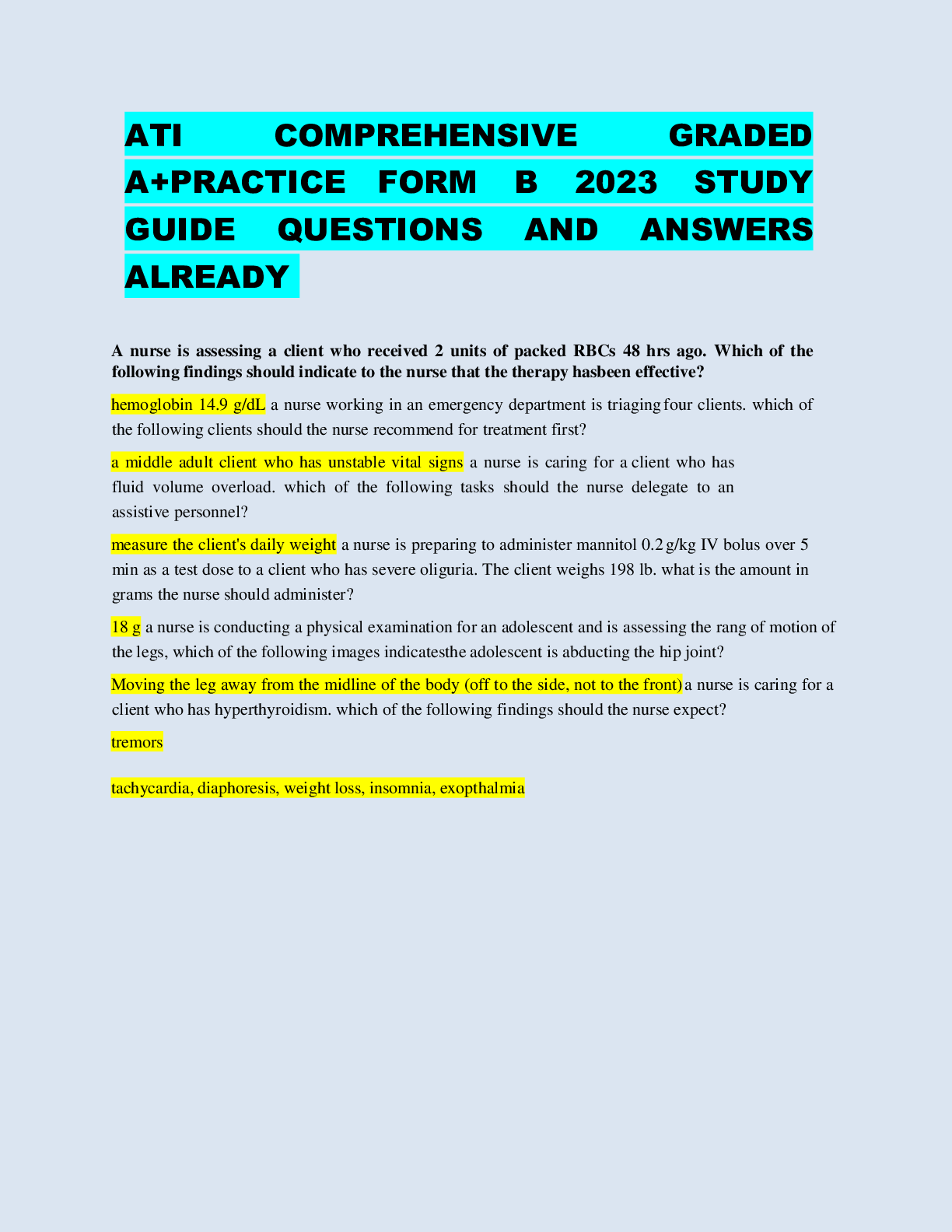 Preview of ATI COMPREHENSIVE GRADED A+PRACTICE FORM B 2023 STUDY GUIDE QUESTIONS AND ANSWERS ALREADY