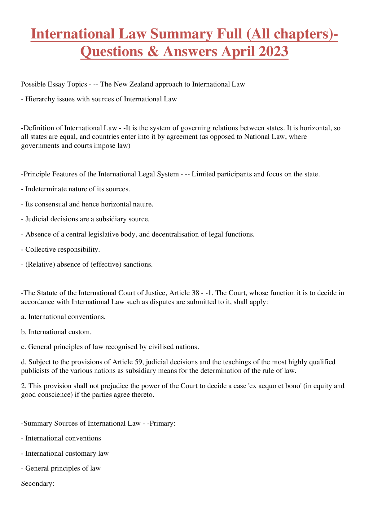 Preview image for International Law Summary Full (All chapters)- Questions & Answers April 2023