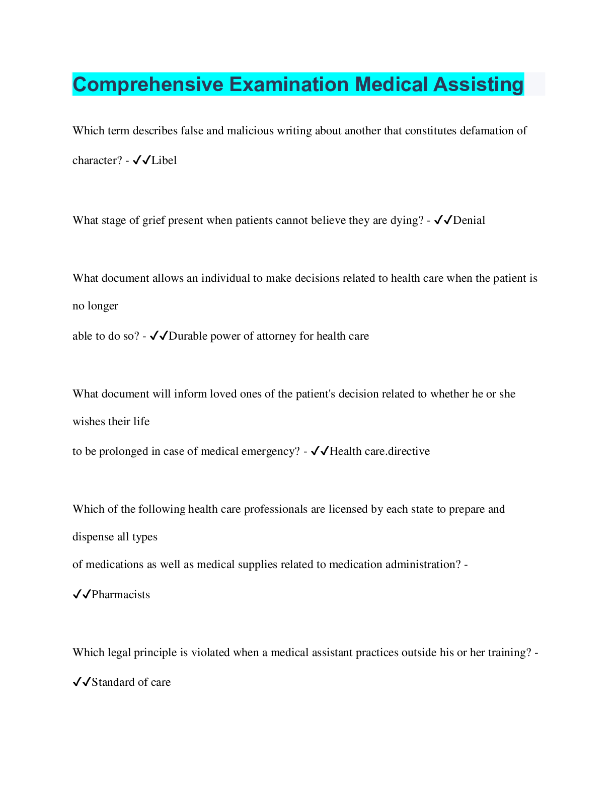 Preview image for Comprehensive Examination Medical Assisting | 201 Questions with 100% Correct Answers | Verified | 30 Pages
