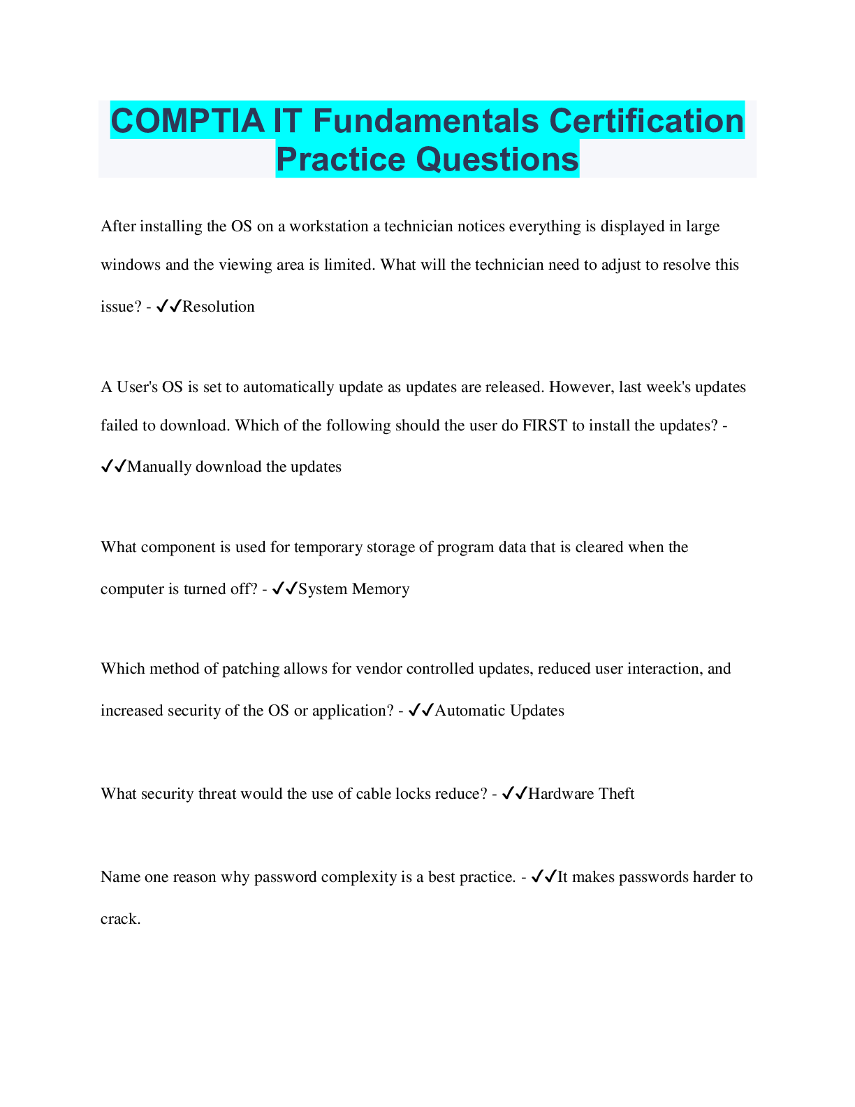 Preview image for COMPTIA IT Fundamentals Certification Practice Questions | 34 Questions with 100% Correct Answers | Verified