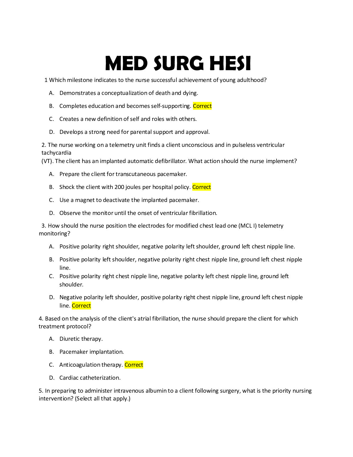 Preview image for MED SURG HESI ANSWER KEY 2023