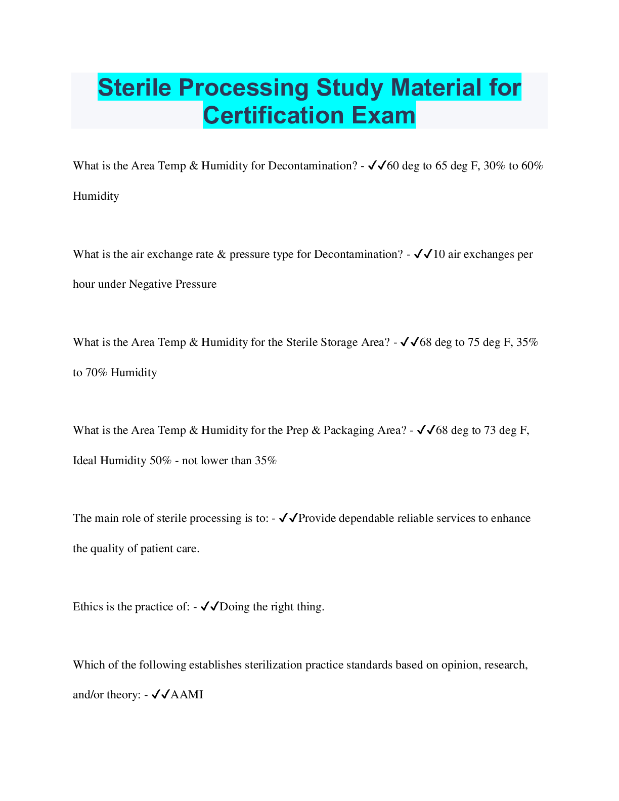 Preview image for Sterile Processing Study Material for Certification Exam | 290 Questions with 100% Correct Answers | Verified | 33 Pages