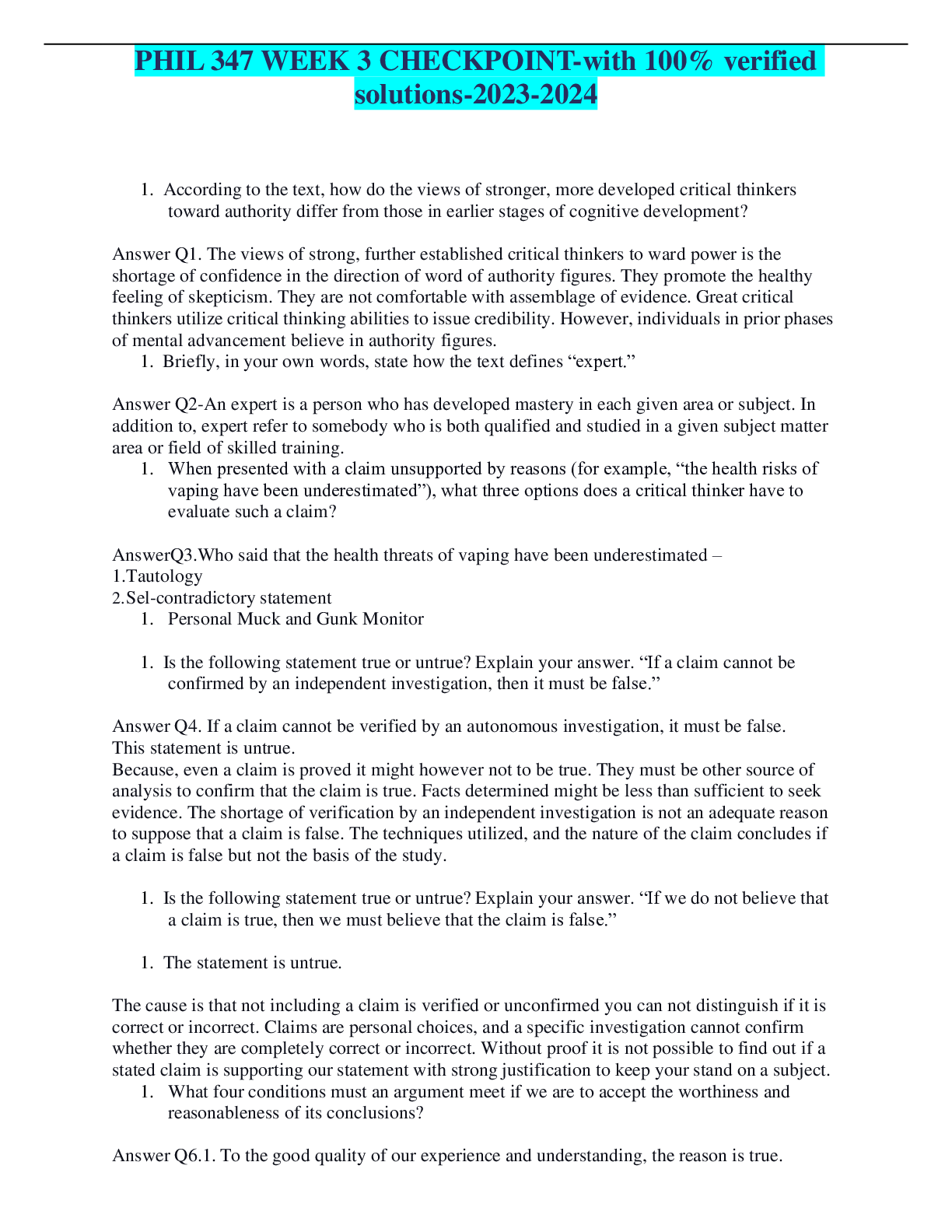 Preview image for PHIL 347 WEEK 3 CHECKPOINT-with 100% verified solutions-2023-2024