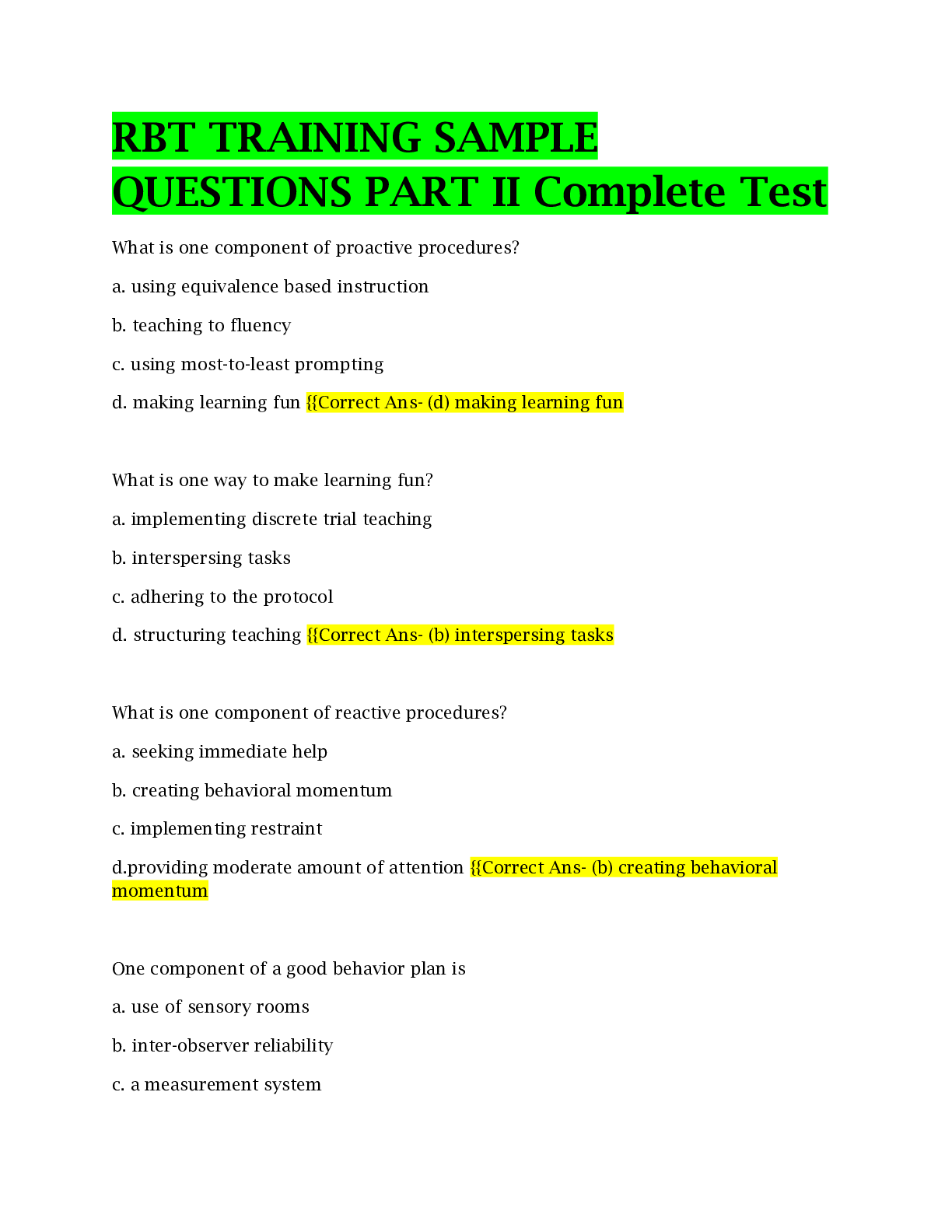 Preview image of RBT TRAINING SAMPLE QUESTIONS PART II Complete Test |Verified |Rated A document
