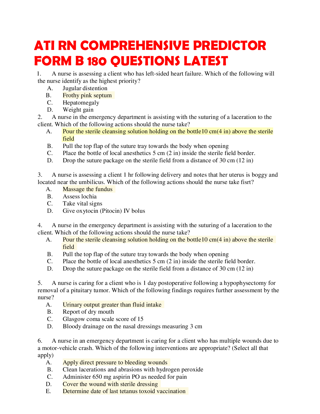 Preview of ATI RN COMPREHENSIVE PREDICTOR FORM B 180 QUESTIONS LATEST