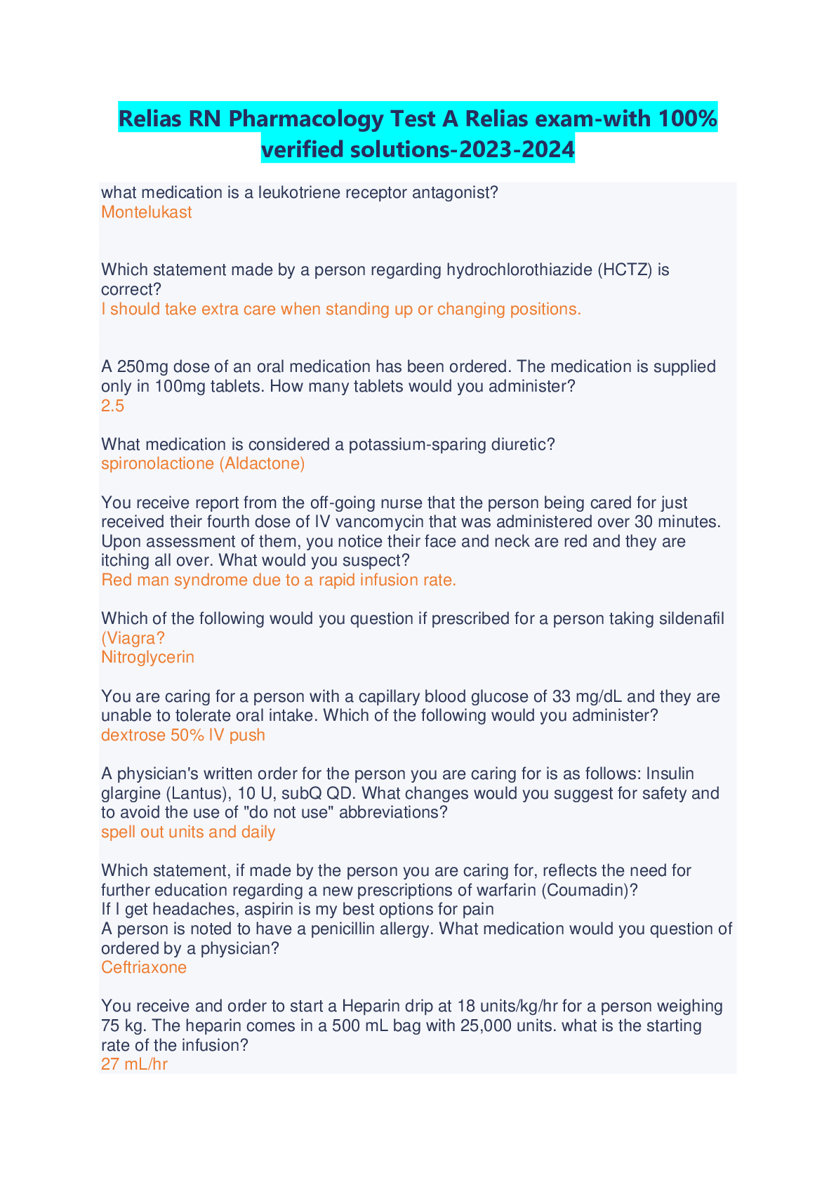 Preview image for Relias RN Pharmacology Test A Relias exam-with 100% verified solutions-2023-2024