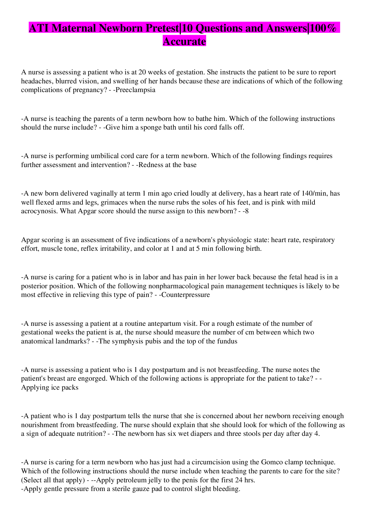 Preview image for ATI Maternal Newborn Pretest|10 Questions and Answers|100% Accurate