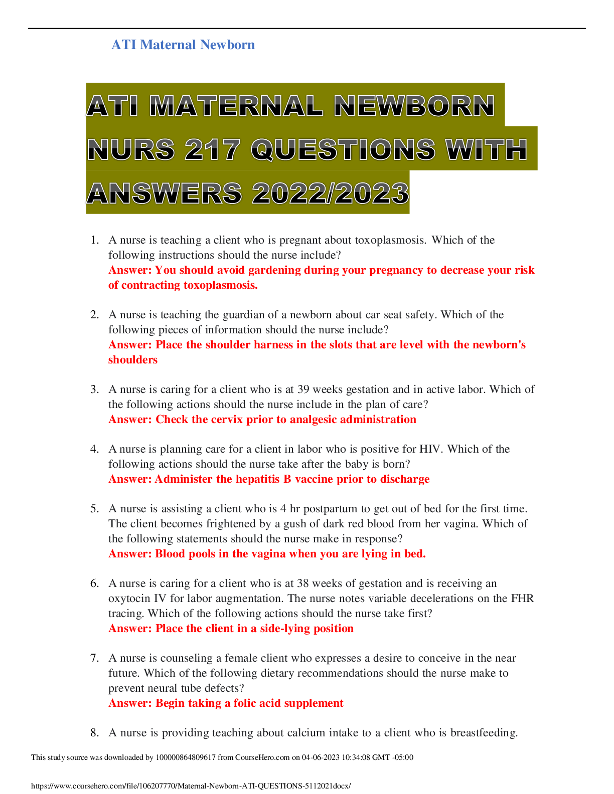 Preview of ATI MATERNAL NEWBORN NURS 217 QUESTIONS WITH ANSWERS 2022/2023