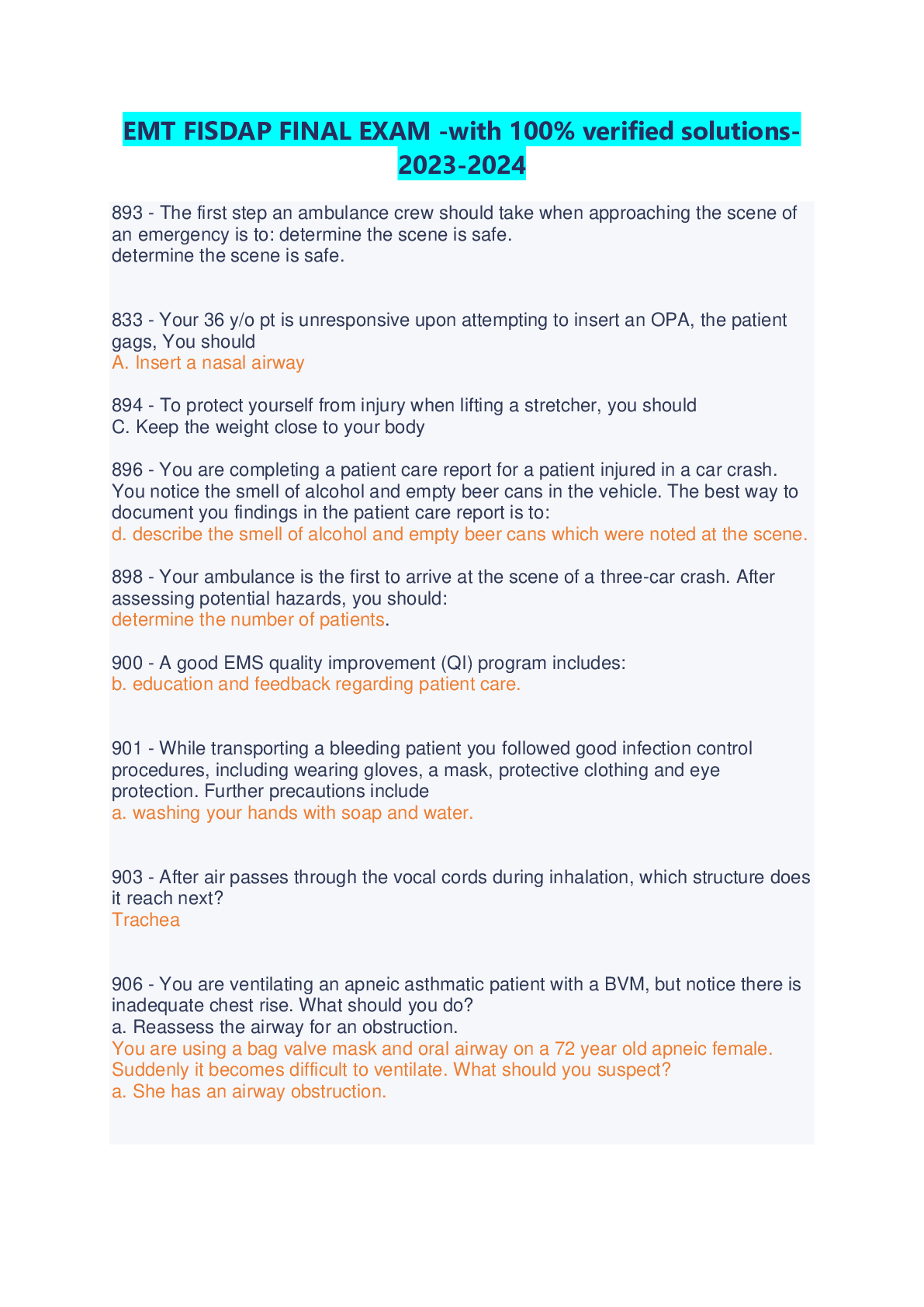 Preview image for EMT FISDAP FINAL EXAM -with 100% verified solutions-2023-2024