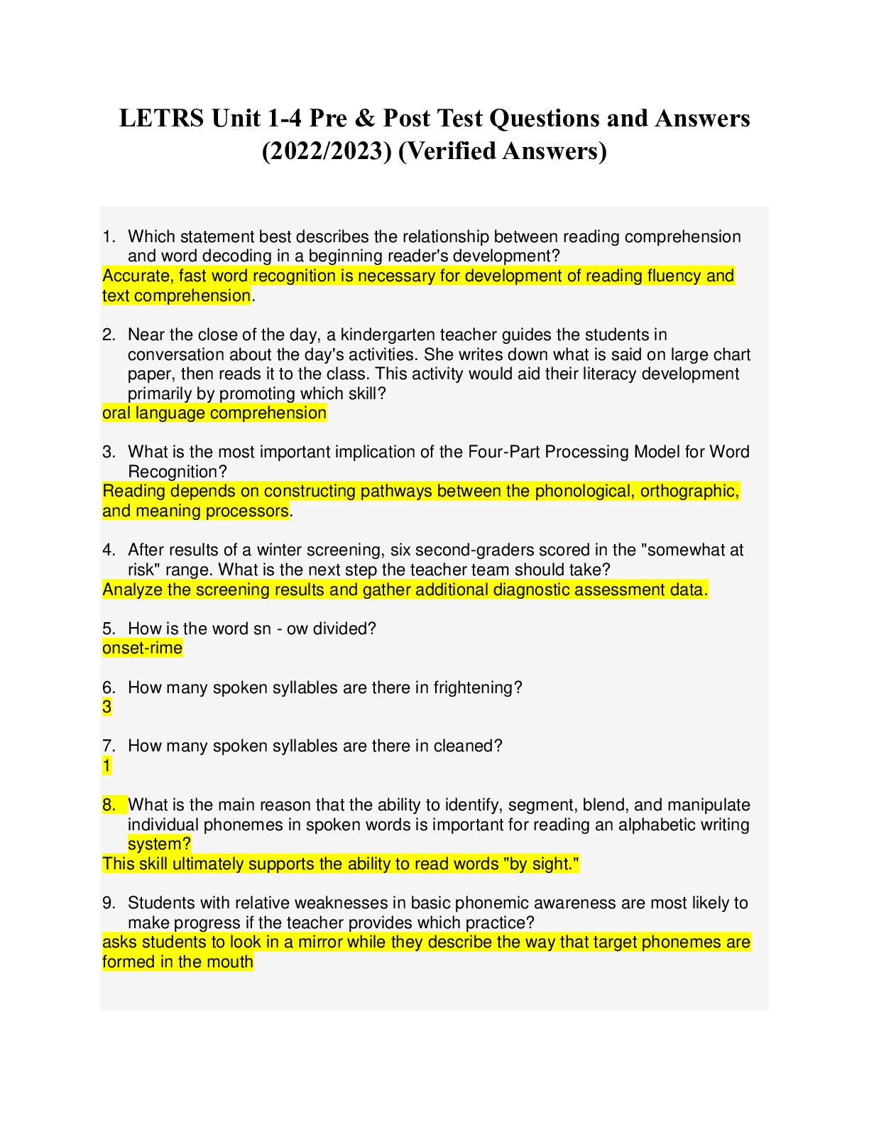 Preview of LETRS Unit 1-4 Pre & Post Test Questions and Answers (2022/2023) (Verified Answers)