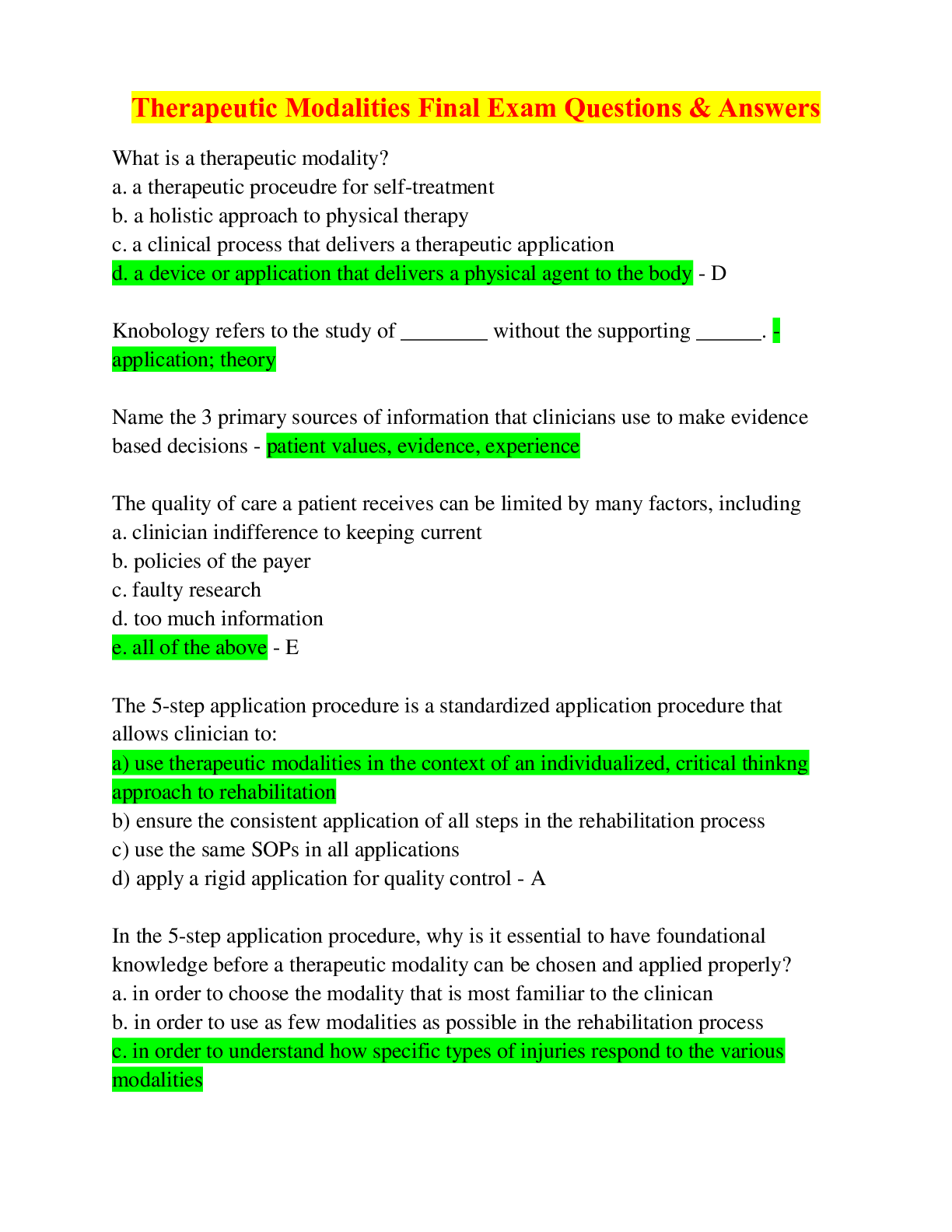 Preview image for Therapeutic Modalities Final Exam Questions & Answers