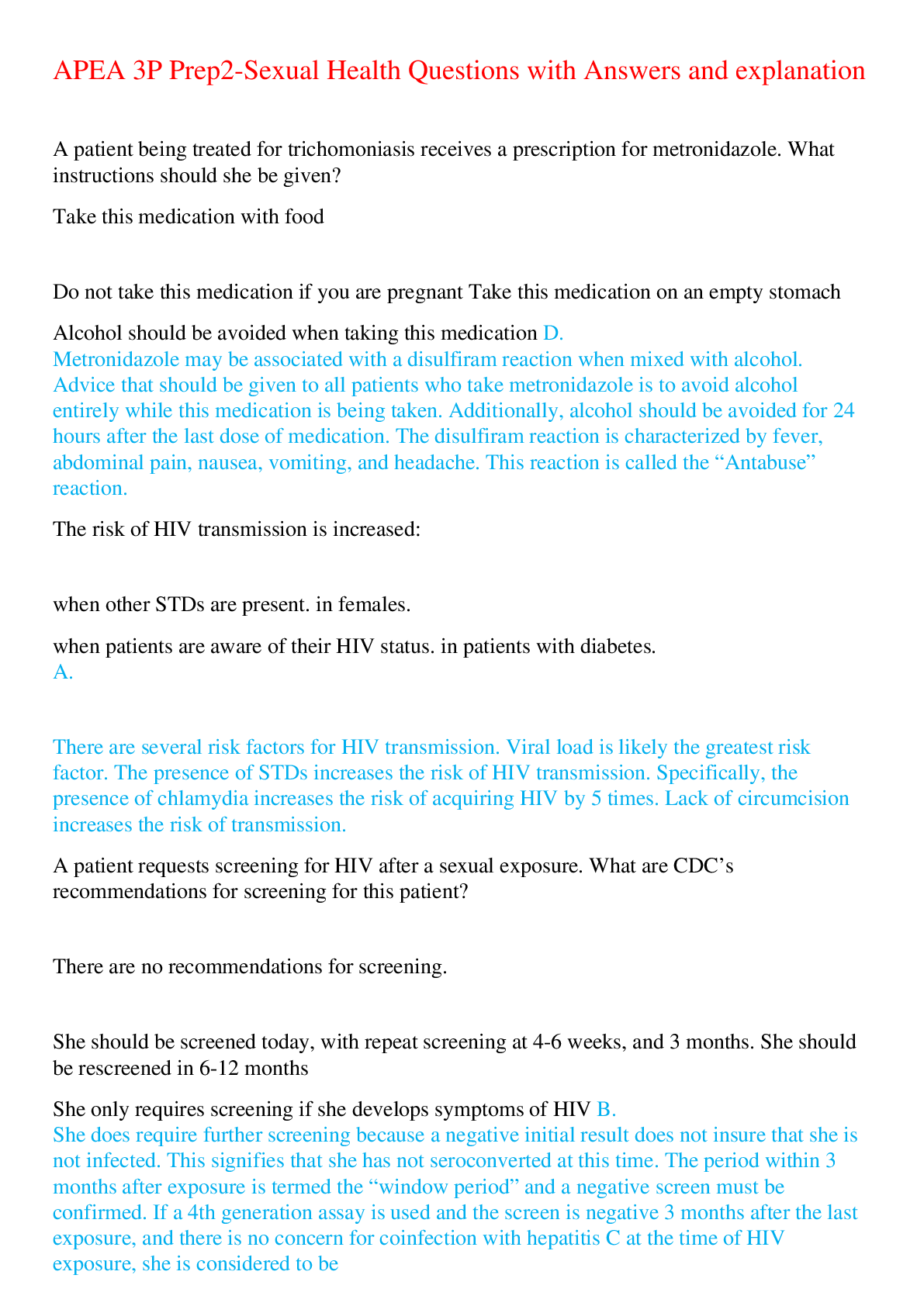 Preview of APEA 3P Prep2-Sexual Health Questions with Answers and explanation,100%CORRECT