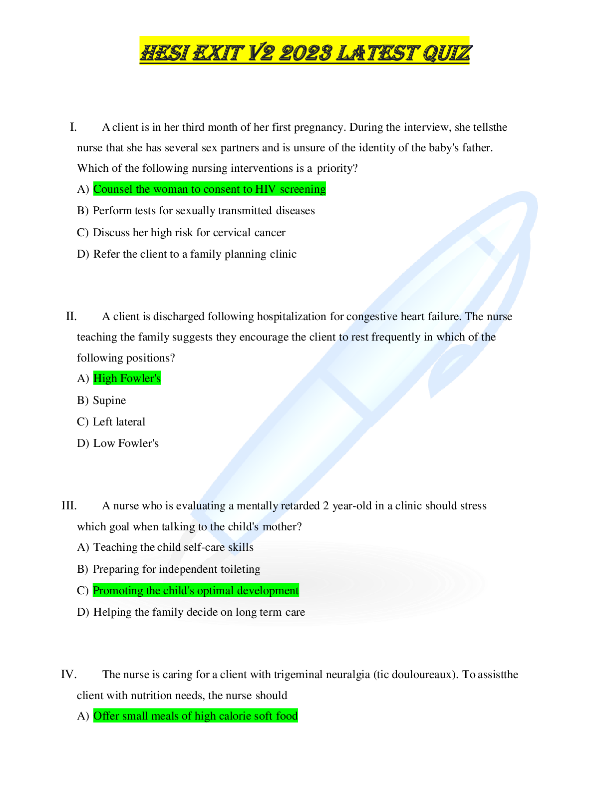 Preview image for HESI EXIT V2 2023 LATESt QUIZ