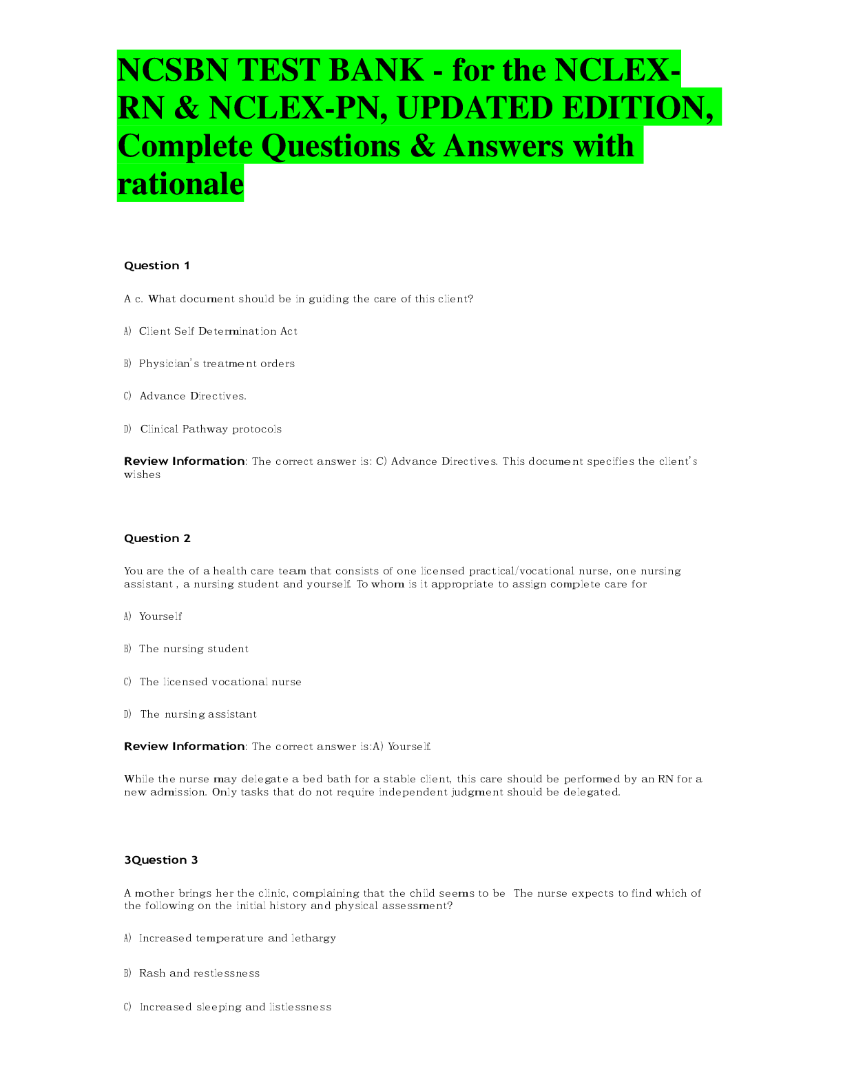 Preview image for NCSBN TEST BANK - for the NCLEXRN & NCLEX-PN, UPDATED EDITION, Complete Questions & Answers with rationale