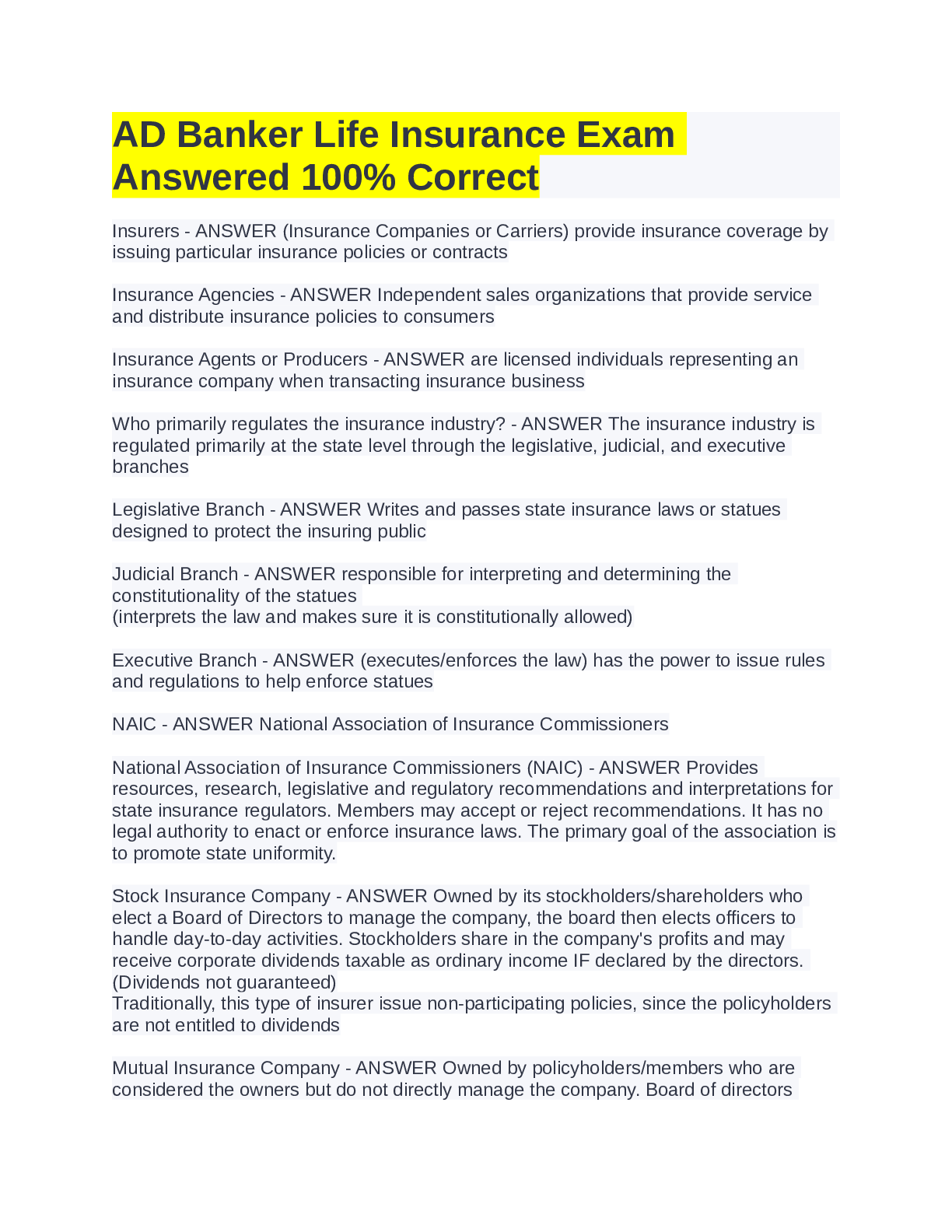 Preview image for AD Banker Life Insurance Exam  Answered 100% Correc