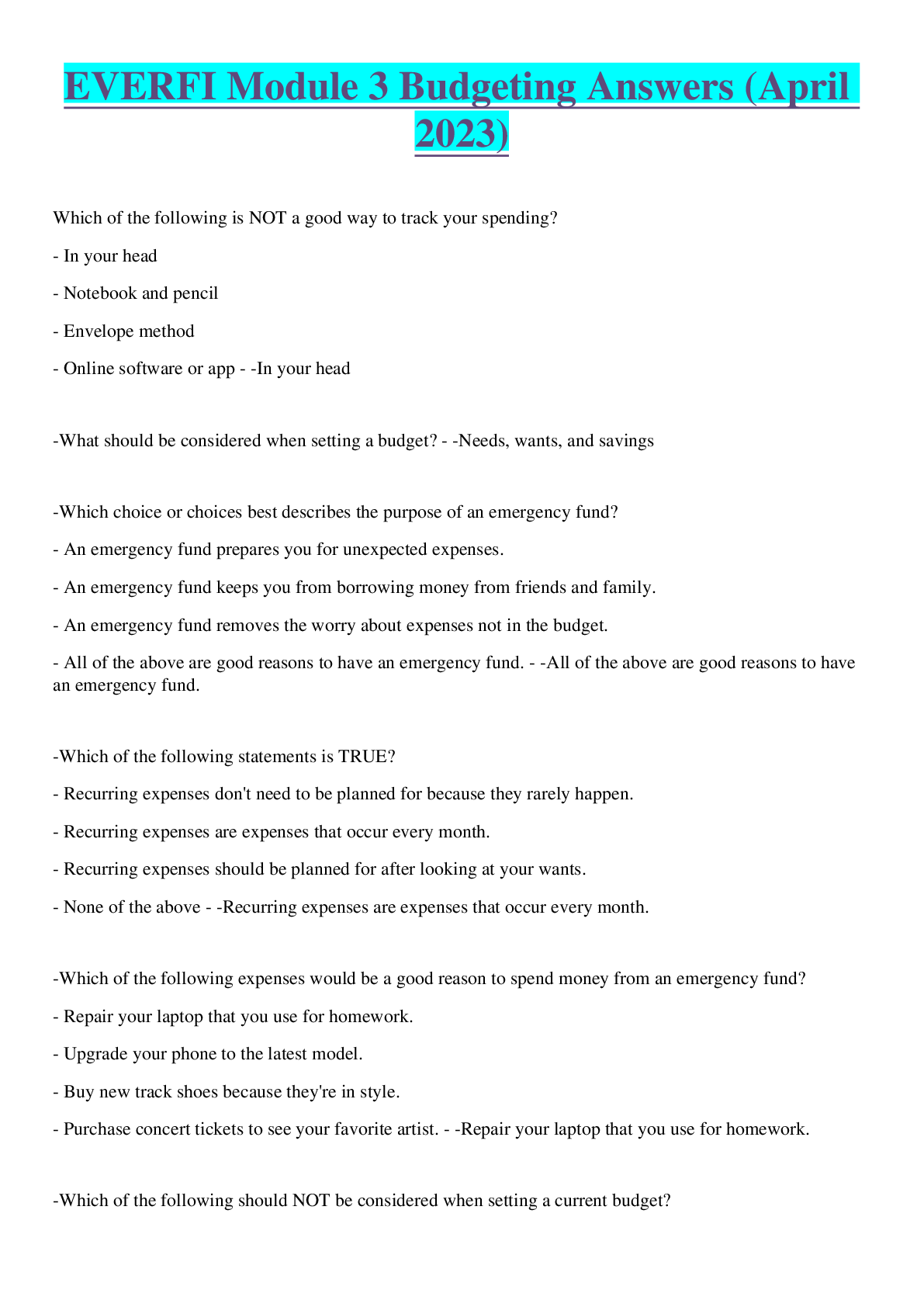 Preview image for EVERFI Module 3 Budgeting Answers