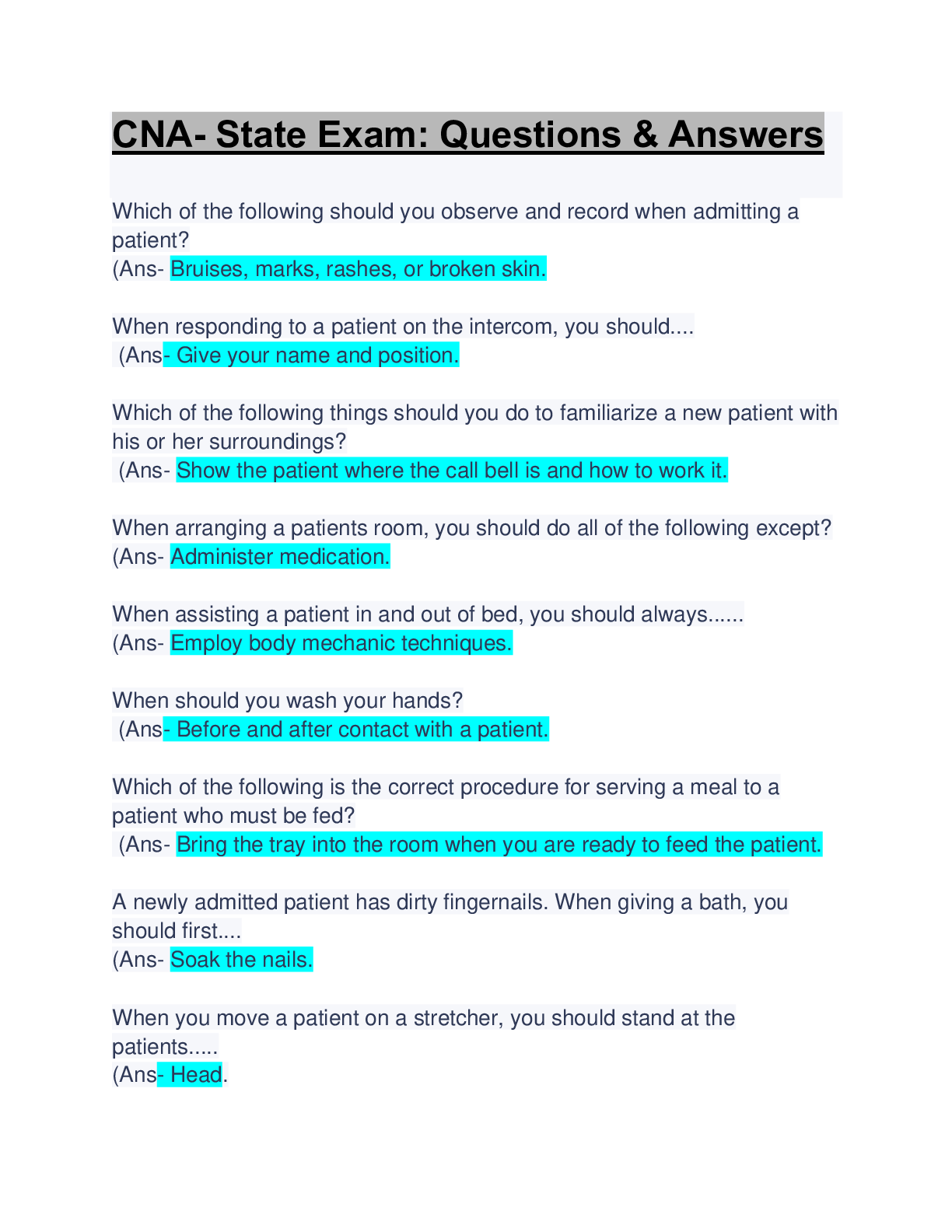 Preview image of CNA- State Exam: Questions & Answers:  Updated Solution document