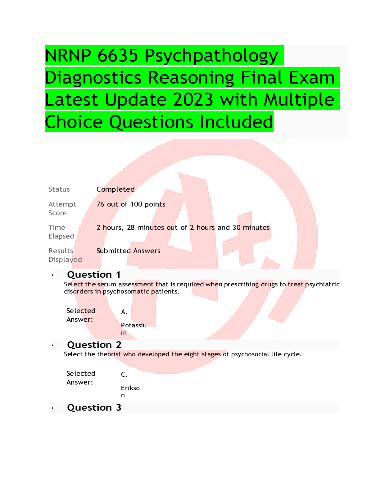 Preview image for NRNP 6635 Psychpathology Diagnostics Reasoning Final Exam Latest Update 2023 with Multiple Choice Questions Included