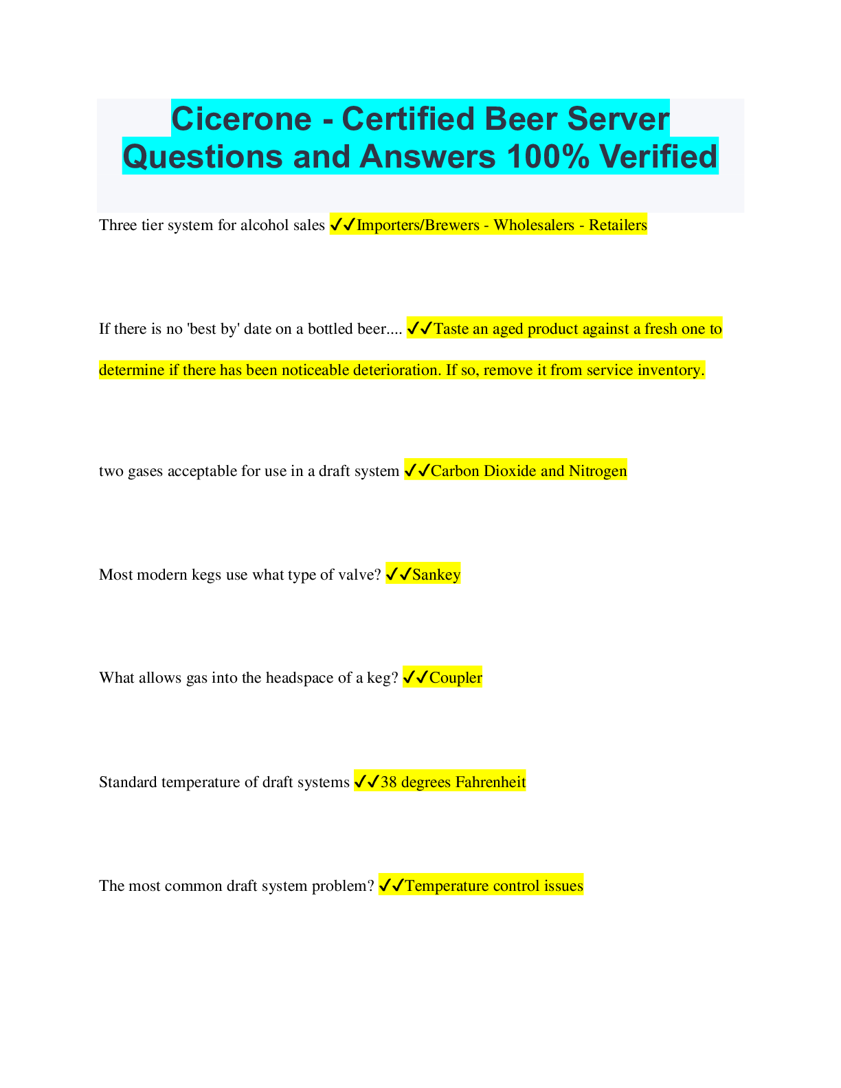 Preview of Cicerone - Certified Beer Server Questions and Answers 100% Verified