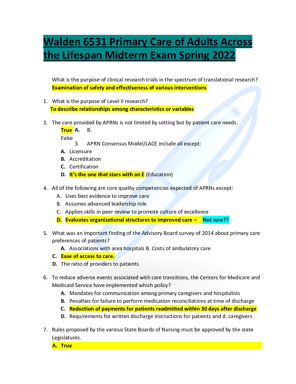 Preview image for Walden 6531 Primary Care of Adults Across the Lifespan Midterm Exam Spring 20