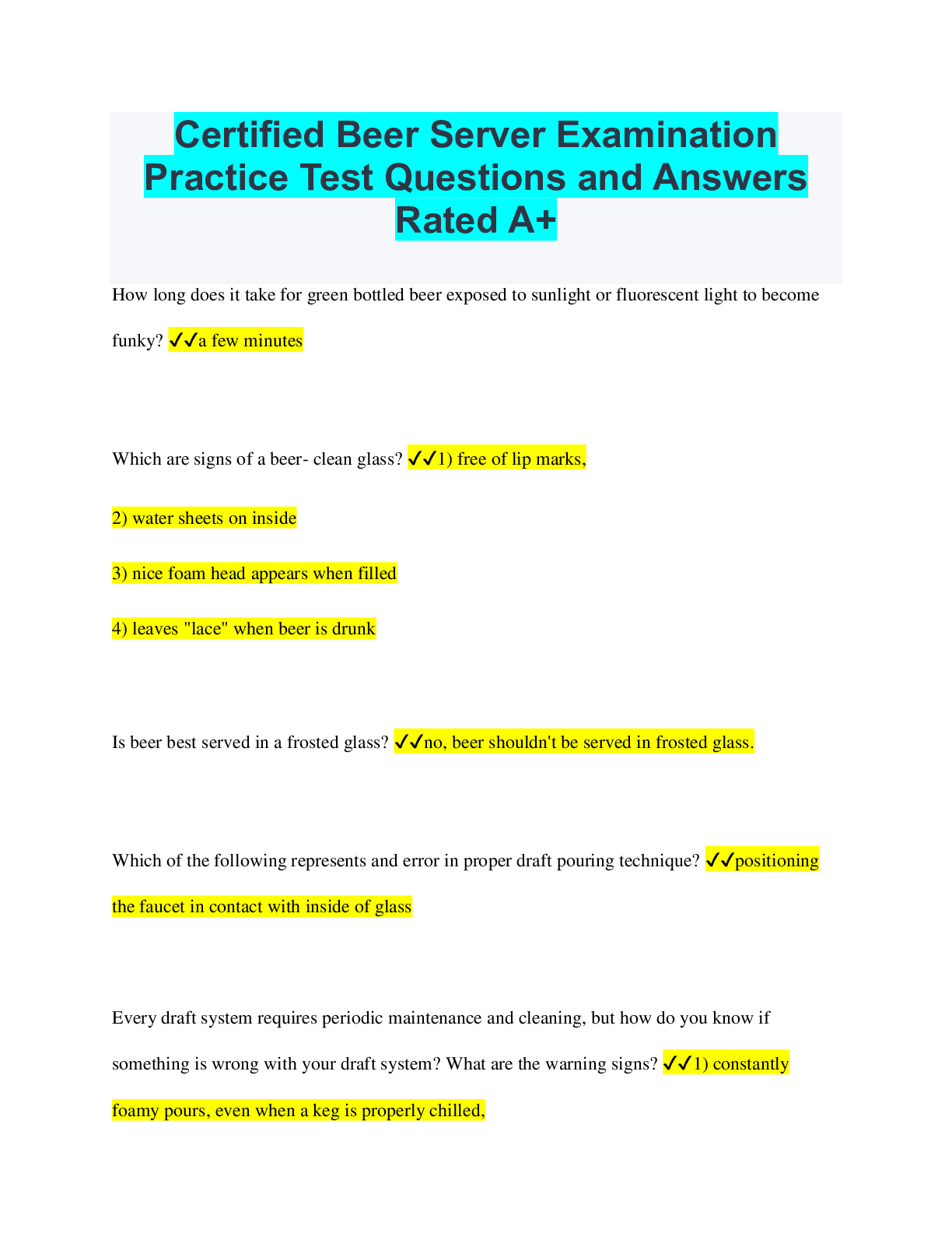 Preview of Certified Beer Server Examination Practice Test Questions and Answers Rated A+