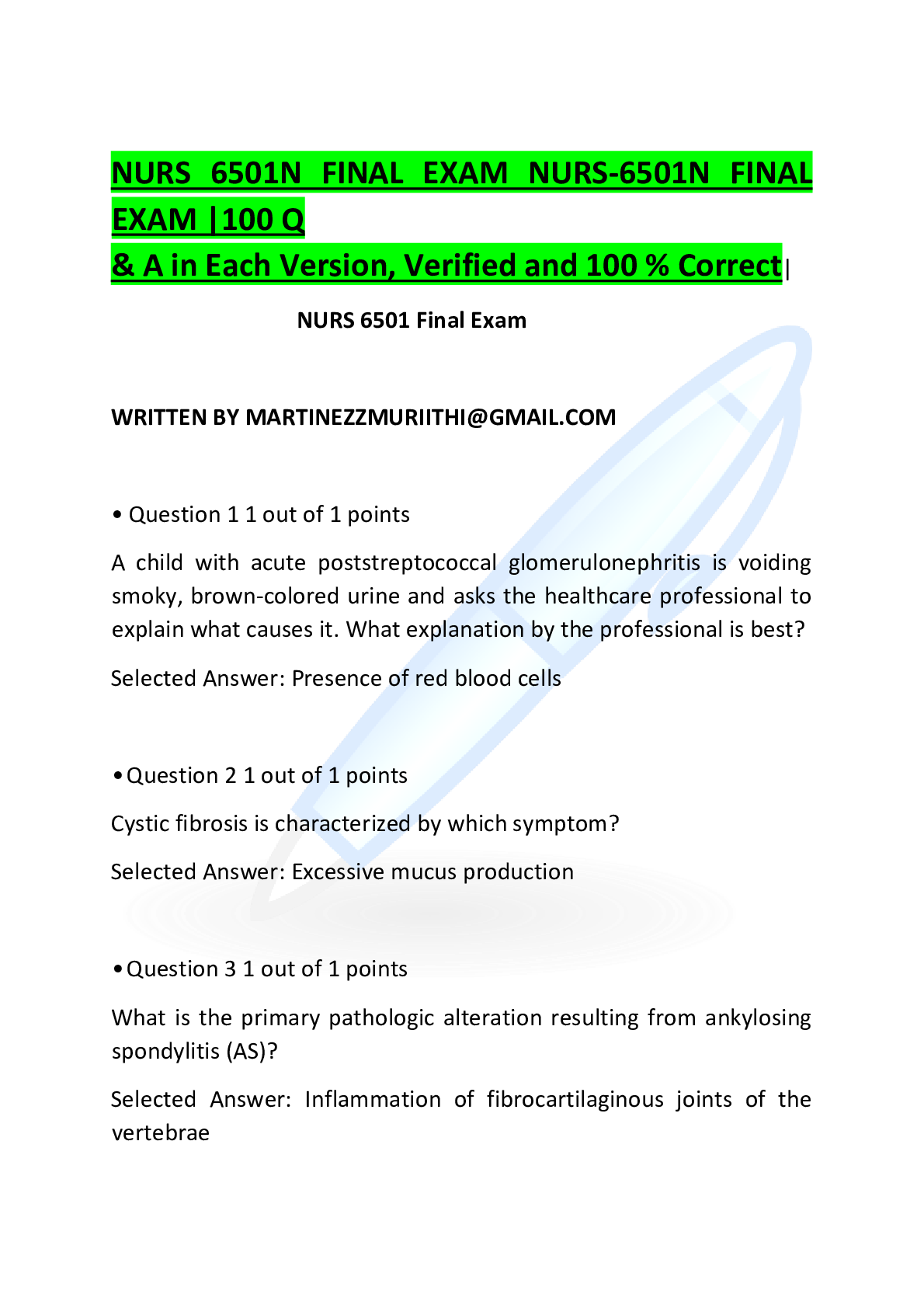 Preview image for NURS 6501N FINAL EXAM NURS-6501N FINAL EXAM |100 Q & A in Each Version, Verified and 100 % Correct