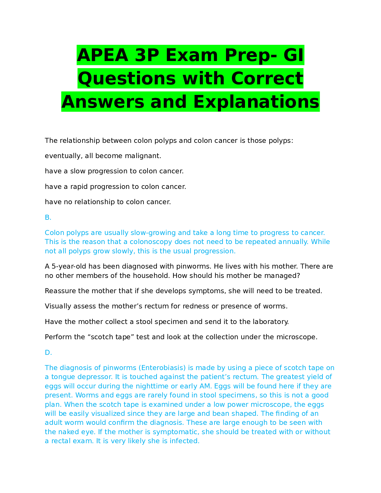 Preview image for APEA 3P Exam Prep- GI Questions with Correct Answers and Explanation