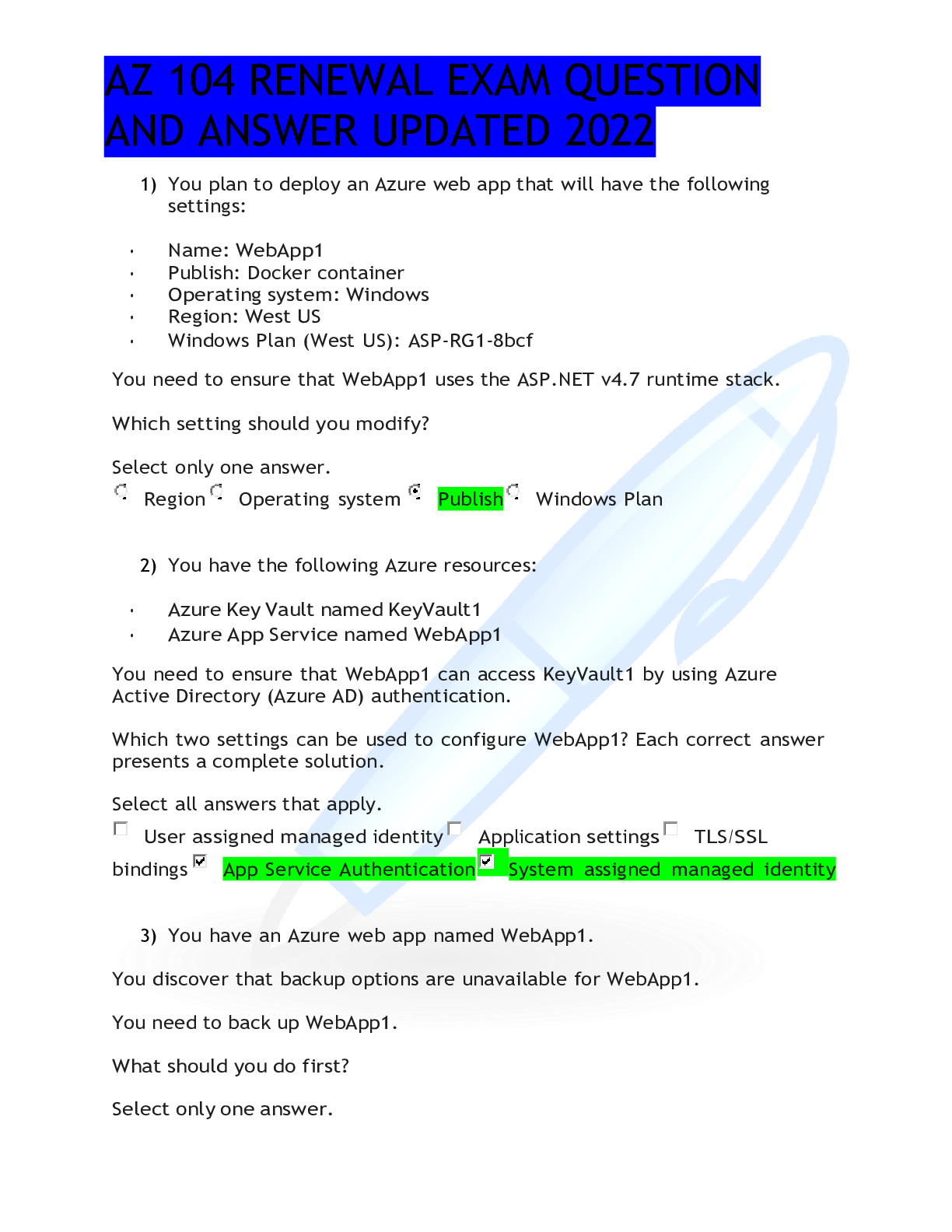 Preview image for AZ 104 RENEWAL EXAM QUESTION AND ANSWER UPDATED 202