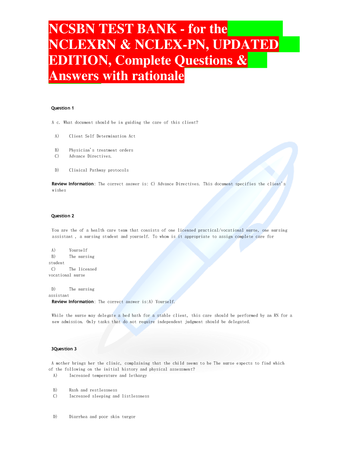 Preview image for NCSBN TEST BANK - for the NCLEXRN & NCLEX-PN, UPDATED EDITION, Complete Questions & Answers with rationale