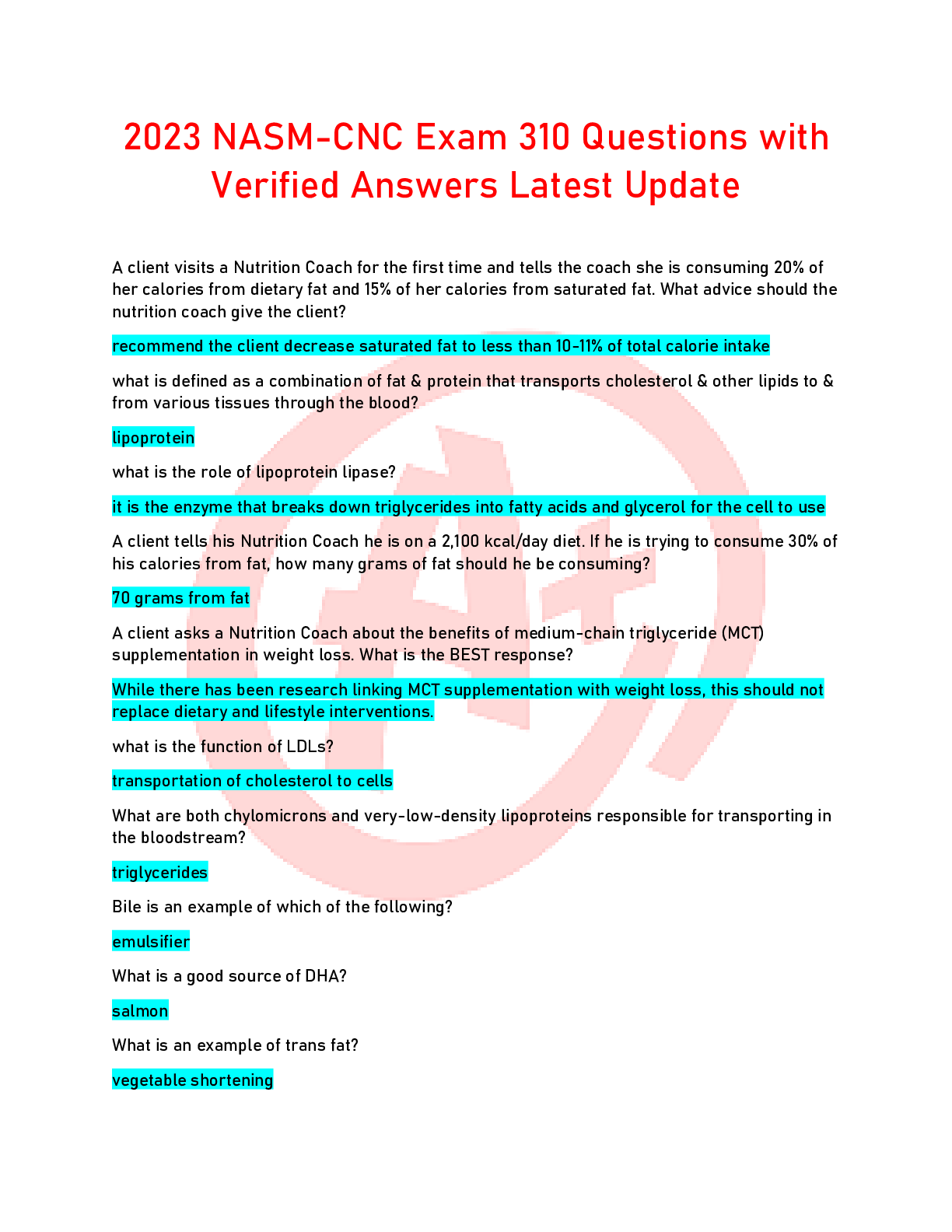 Preview image for NASM-CNC Exam 310 Questions with Verified Answers Latest Update