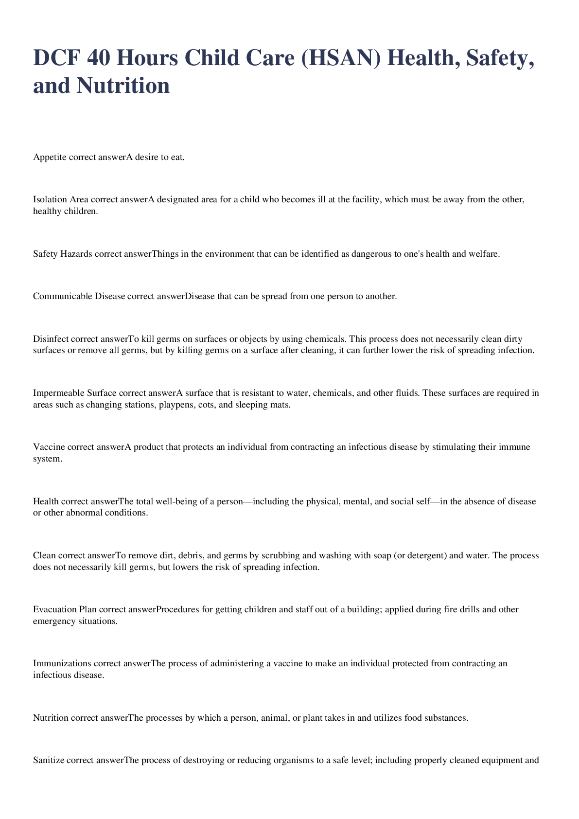 Preview image for DCF 40 Hours Child Care (HSAN) Health, Safety, and Nutrition exam 2023 with 100% correct answers