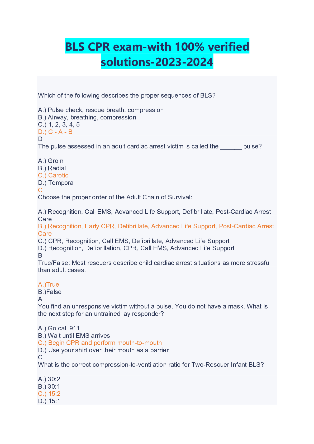 Preview image for BLS CPR exam-with 100% verified solutions-2023-2024