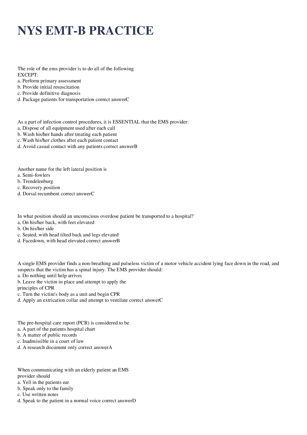 Preview image for NYS EMT-B PRACTICE  EXAM 2023  WITH 100% CORRECT ANSWERS