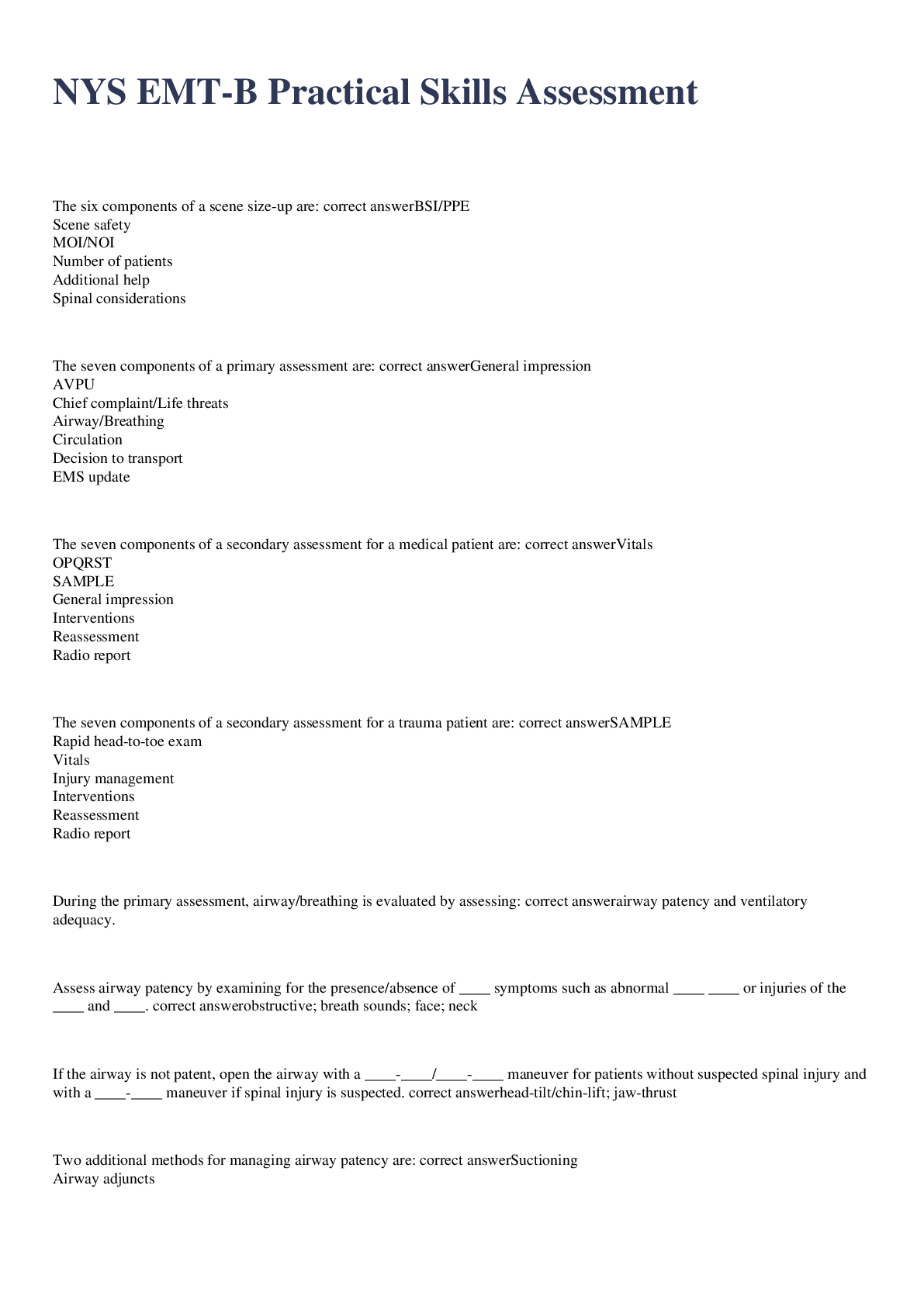 Preview image for NYS EMT-B Practical Skills Assessment exam 2023 with 100% correct answers