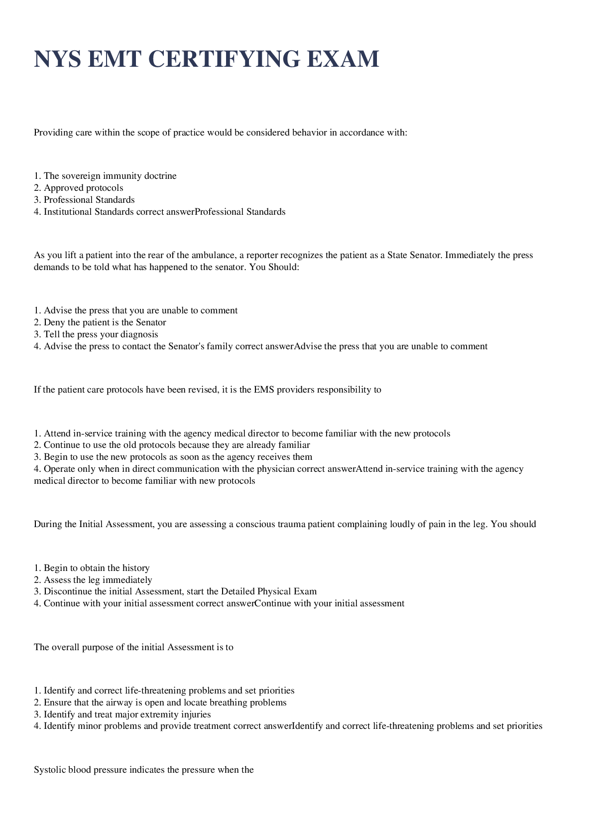 Preview image for NYS EMT CERTIFYING EXAM 2023 WITH 100% CORRECT ANSWERS