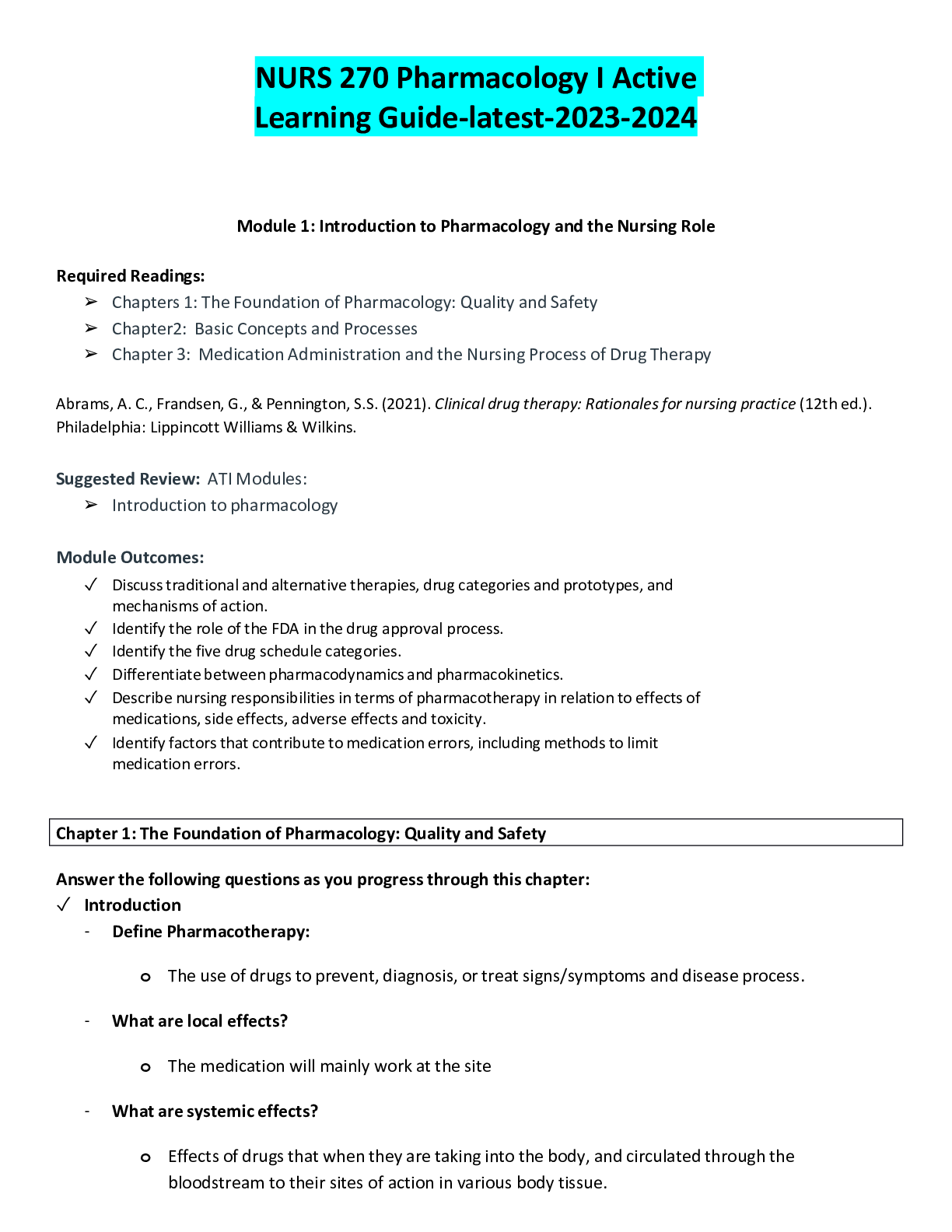 Preview image for NURS 270 Pharmacology I Active Learning Guide-latest-2023-2024