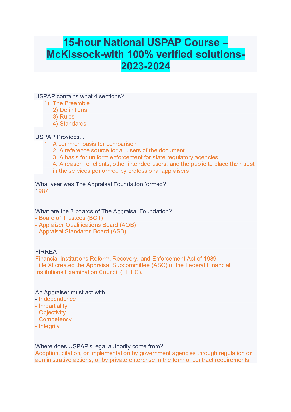 Preview image for 15-hour National USPAP Course – McKissock-with 100% verified solutions-2023-2024