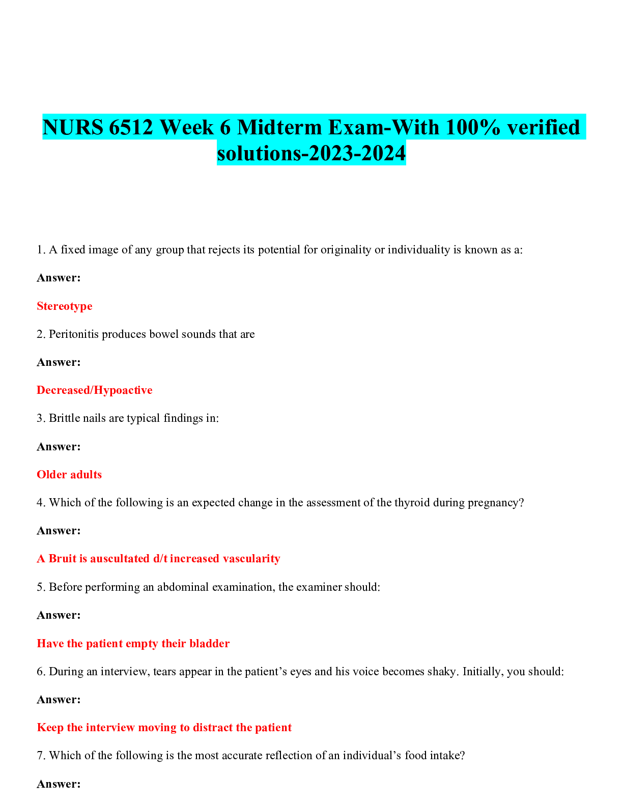Preview image for NURS 6512 Week 6 Midterm Exam-With 100% verified solutions-2023-2024